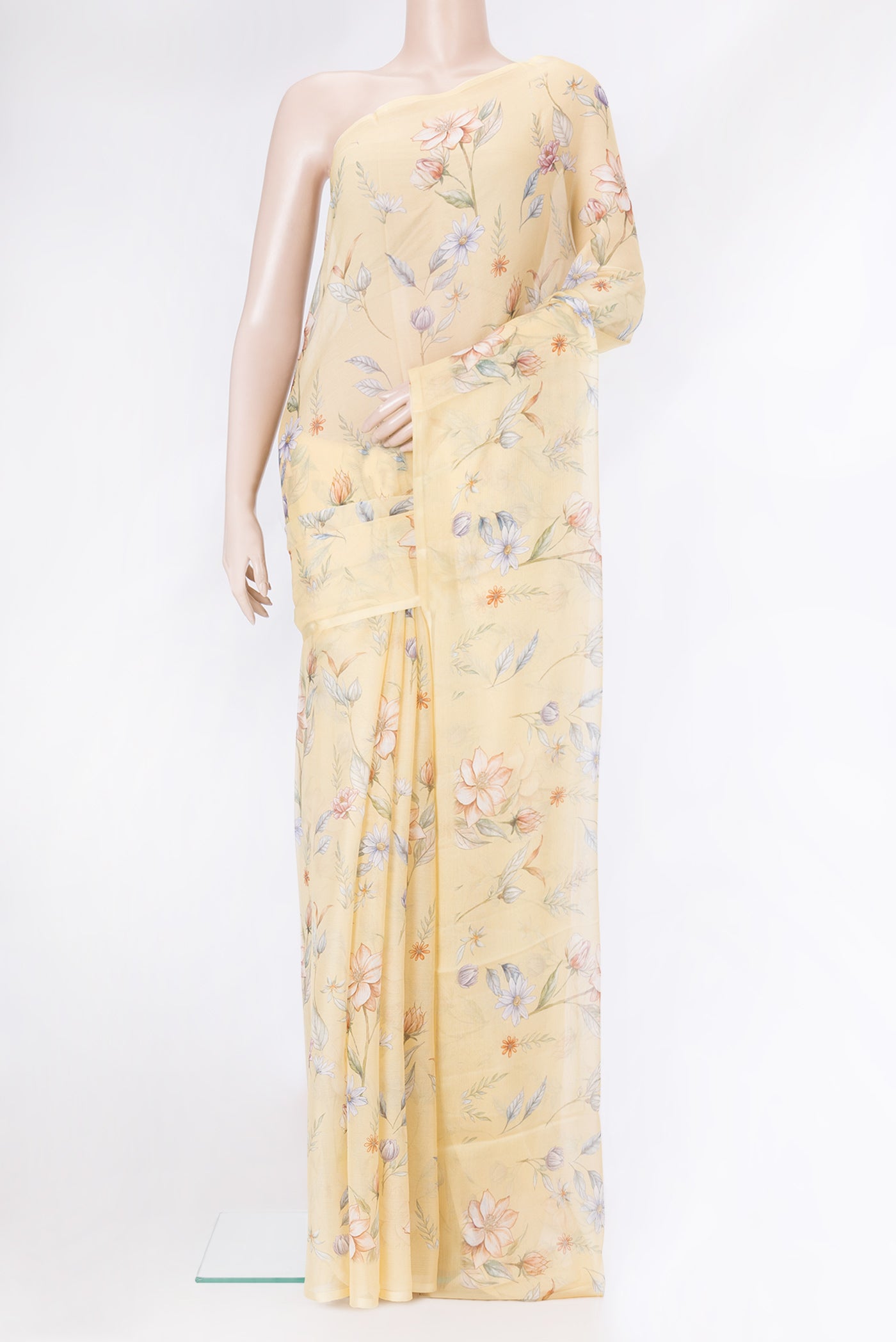 Sandal Dual Tone Mysore Chiffon Saree with Printed design on the body and Without Border.  displayed on a mannequin