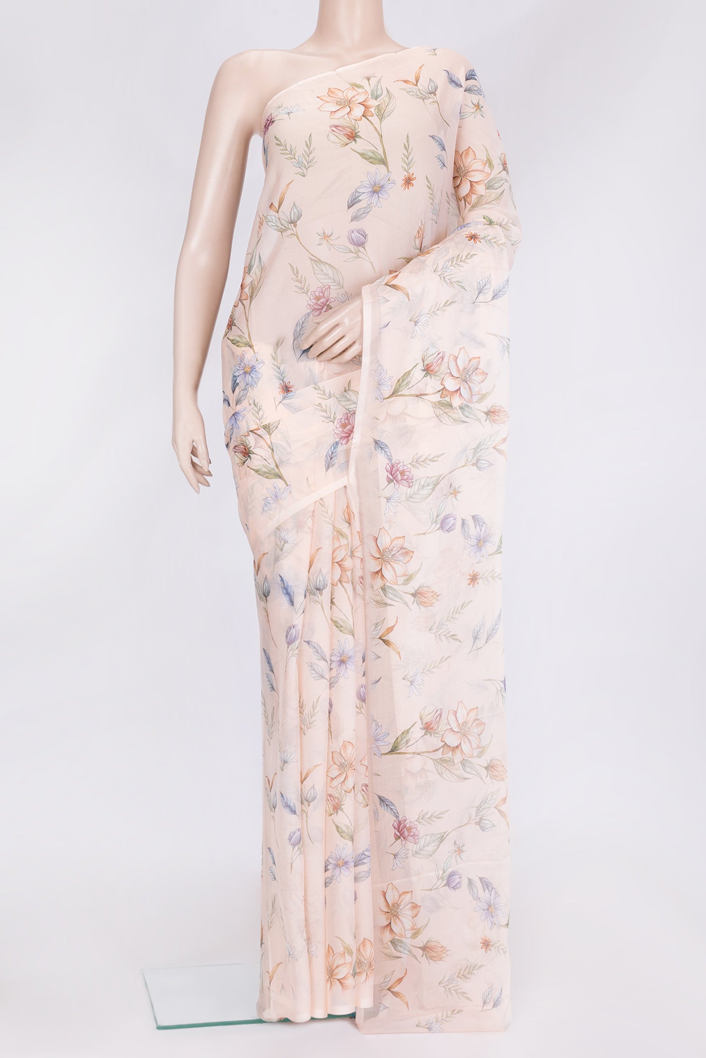Golden Peach Dual Tone Chiffon Saree with Printed design on the body and Without Border.  displayed on a mannequin