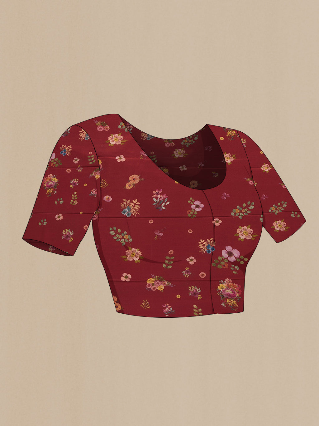Close up image of the blouse of Maroon Dual Tone Mysore Chiffon Saree with Printed design on the body and Without Border. 