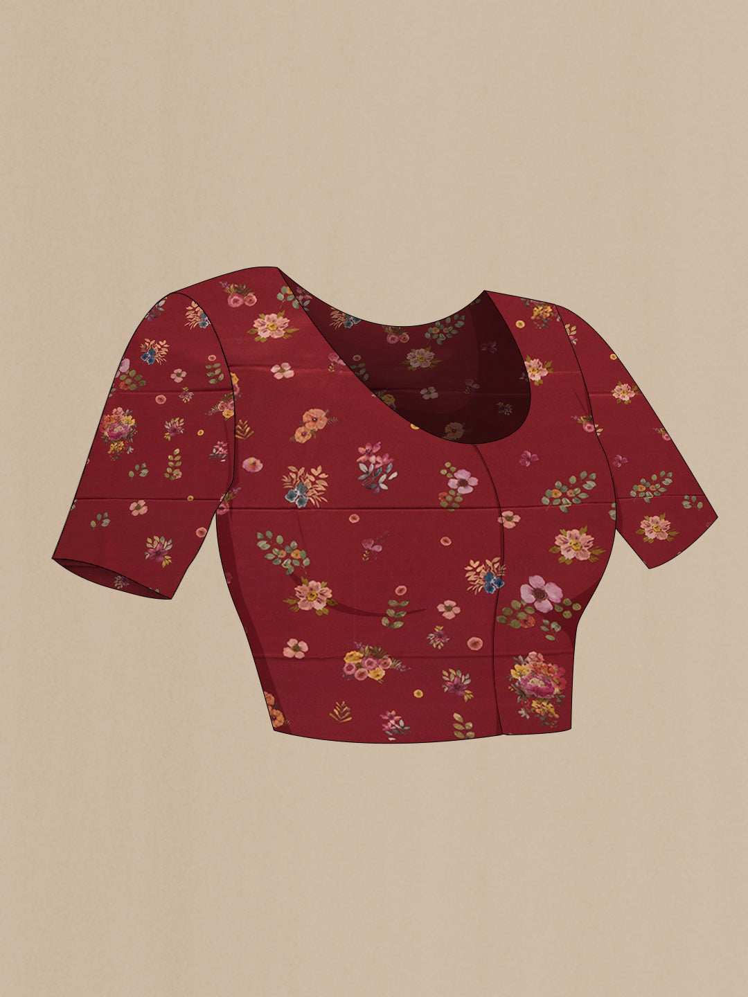 Close up image of the blouse of Maroon Dual Tone Mysore Chiffon Saree with Printed design on the body and Without Border. 