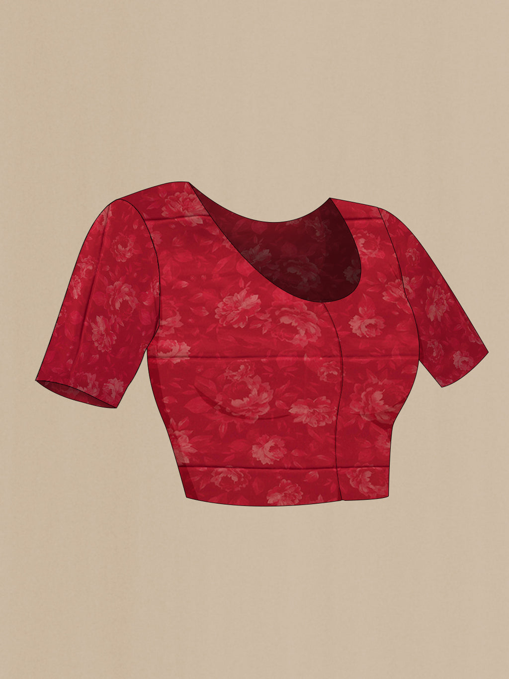 Close up image of the blouse of Red Dual Tone Mysore Chiffon Saree with Printed design on the body and Without Border. 