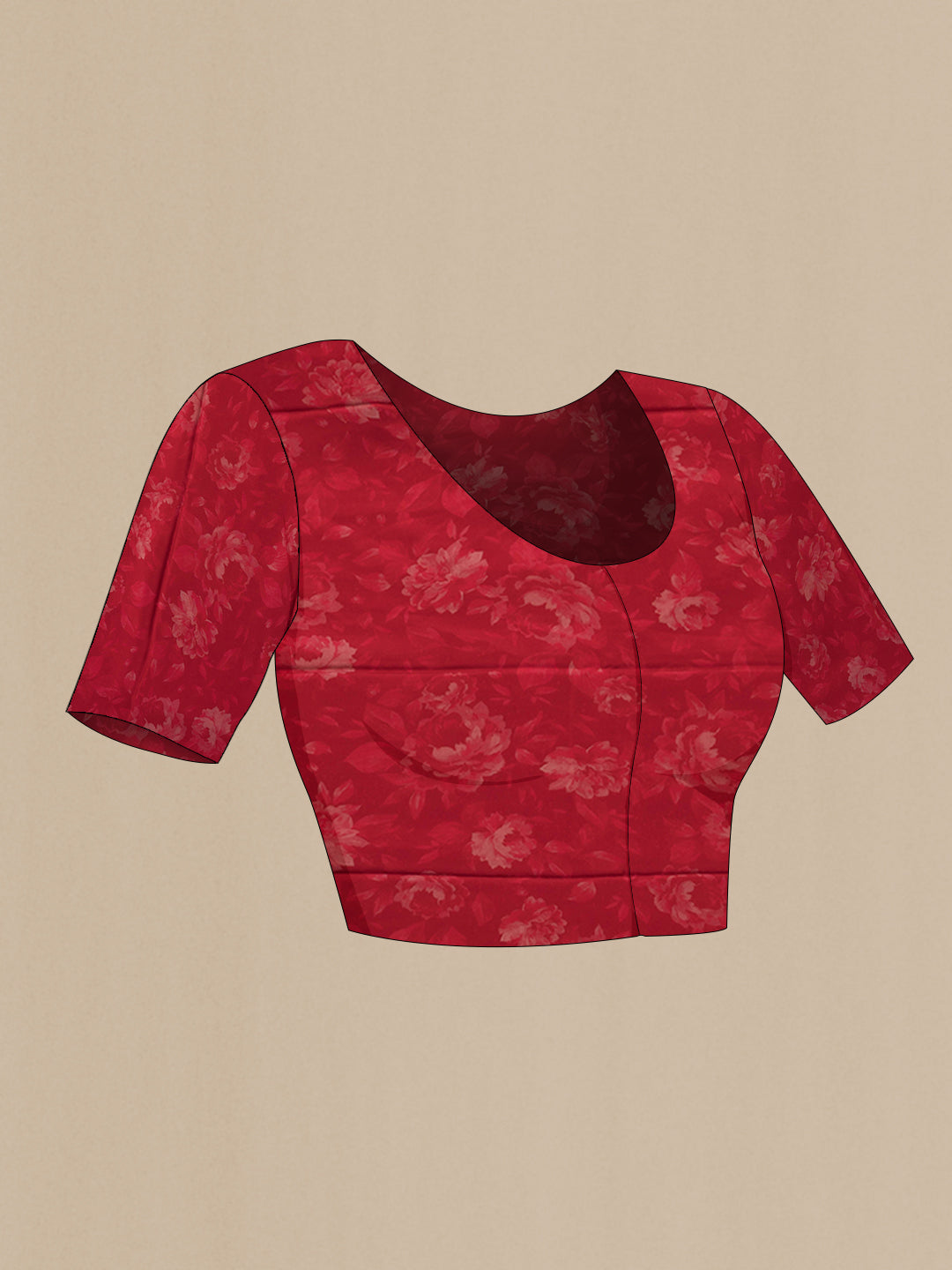 Close up image of the blouse of Red Dual Tone Mysore Chiffon Saree with Printed design on the body and Without Border. 