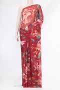 Red Dual Tone Mysore Chiffon Saree with Printed design on the body and Without Border.  displayed on a mannequin