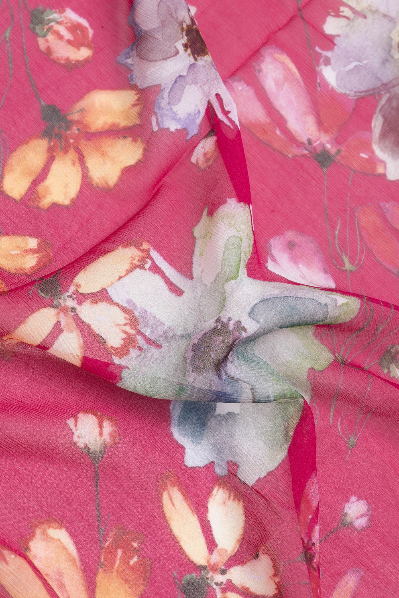 Close up of Pink Dual Tone Mysore Chiffon Saree with Printed design on the body and Without Border.  displaying folds