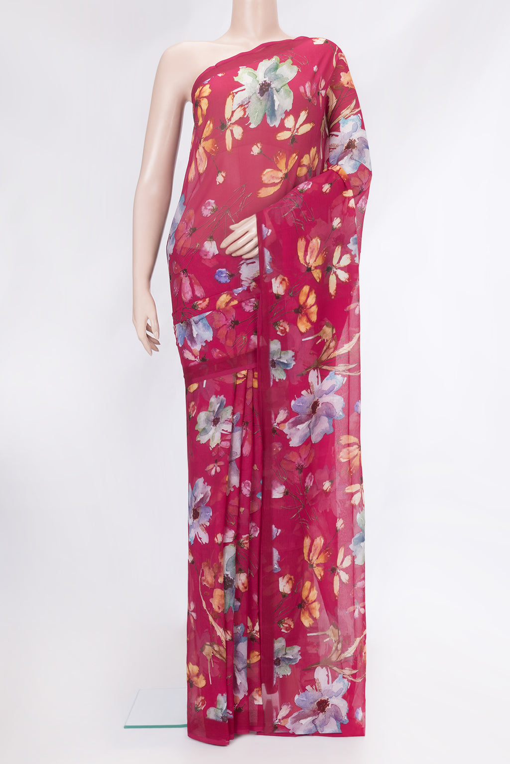Pink Dual Tone Mysore Chiffon Saree with Printed design on the body and Without Border.  displayed on a mannequin
