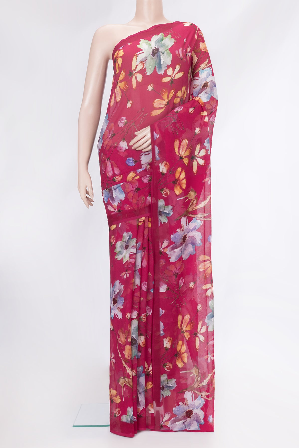 Pink Dual Tone Mysore Chiffon Saree with Printed design on the body and Without Border.  displayed on a mannequin