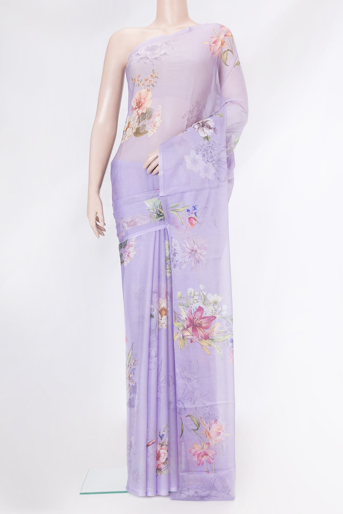 Lavender Mysore Chiffon Saree with Printed design on the body and Without Border.  displayed on a mannequin