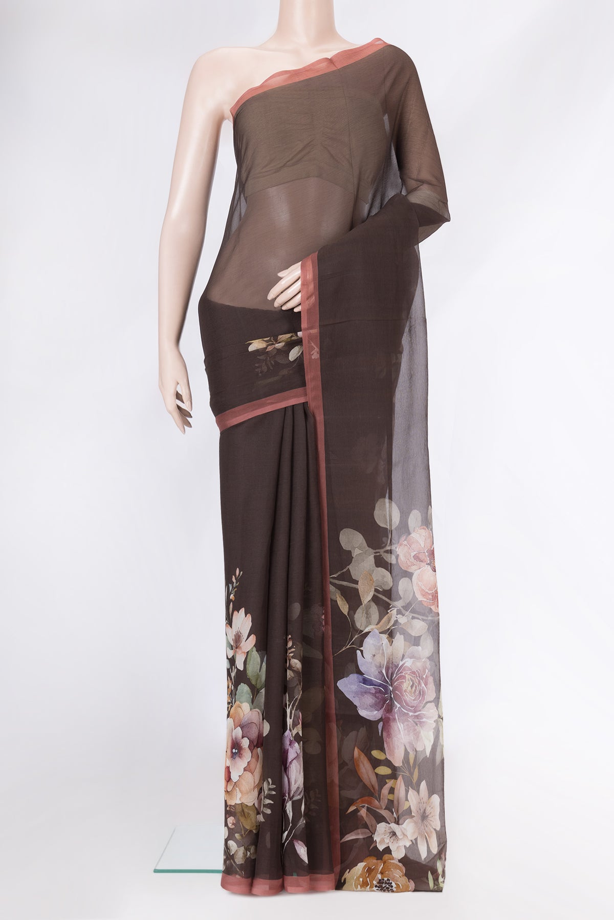 Brown Dual Tone Mysore Chiffon Saree with Printed design on the body and Plain Border.  displayed on a mannequin