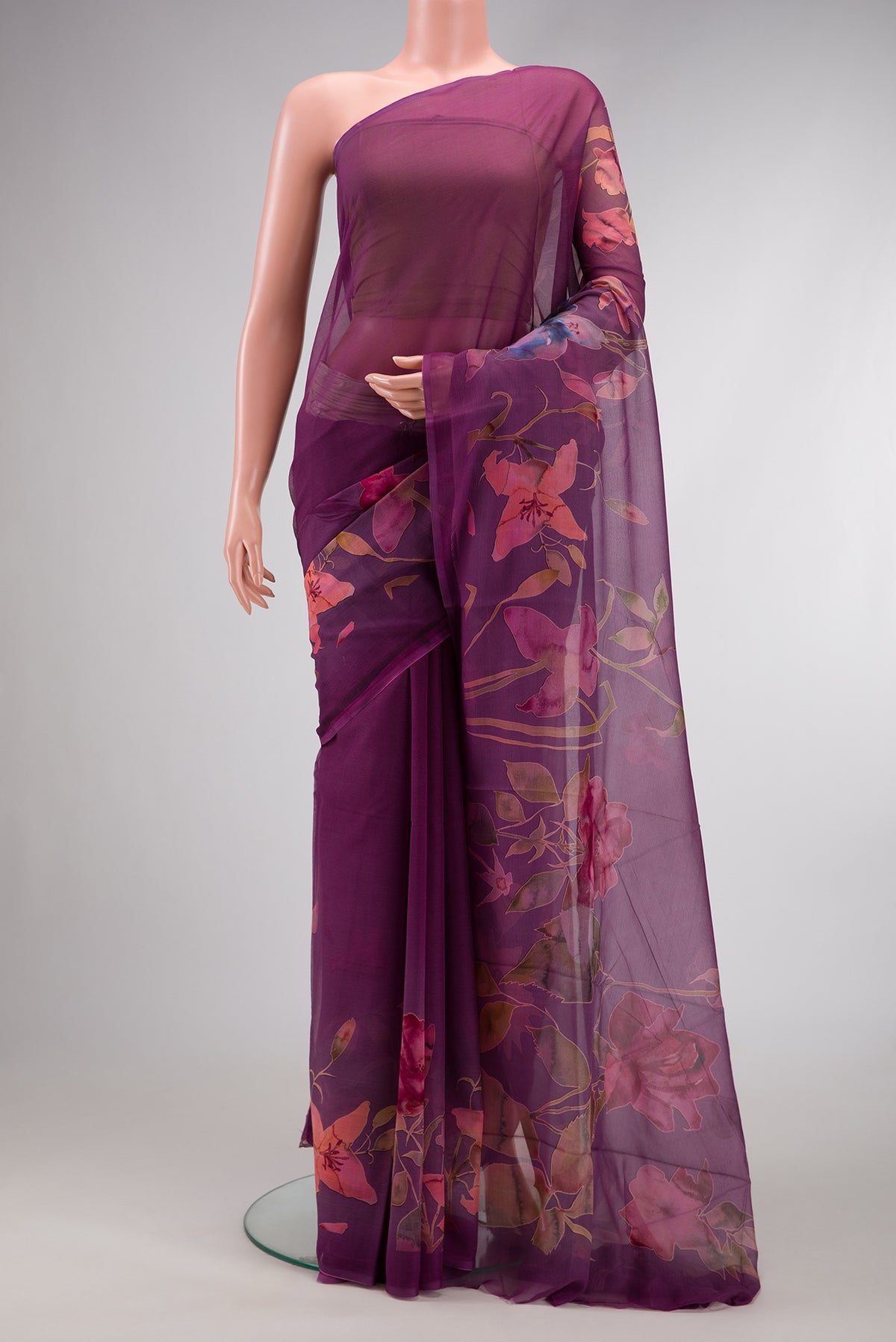 Purple Dual Tone Mysore Chiffon Saree with Printed design on the body and Without Border.  displayed on a mannequin