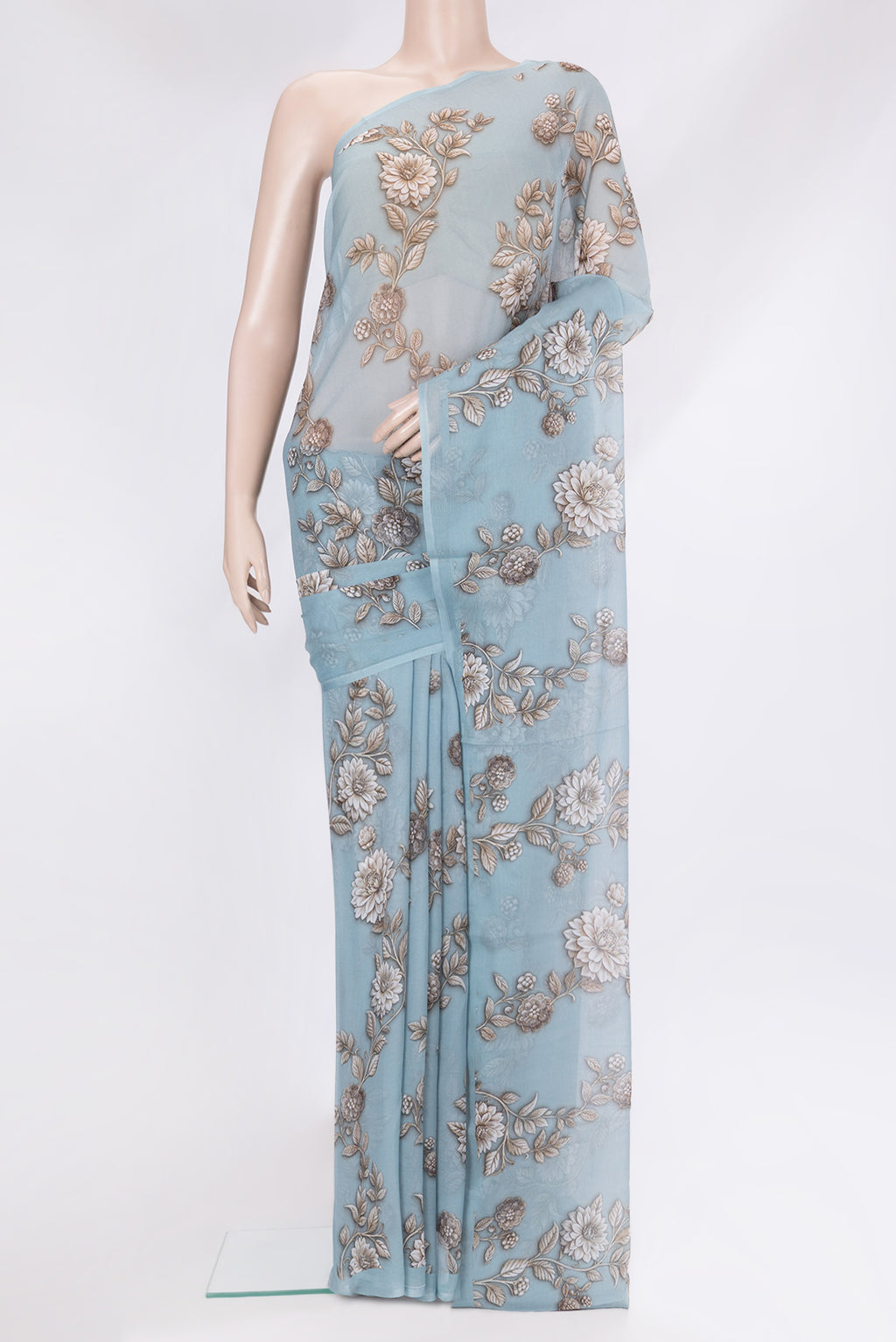 Maya Blue Mysore Chiffon Saree with Floral Print on the body and Without Border.  displayed on a mannequin