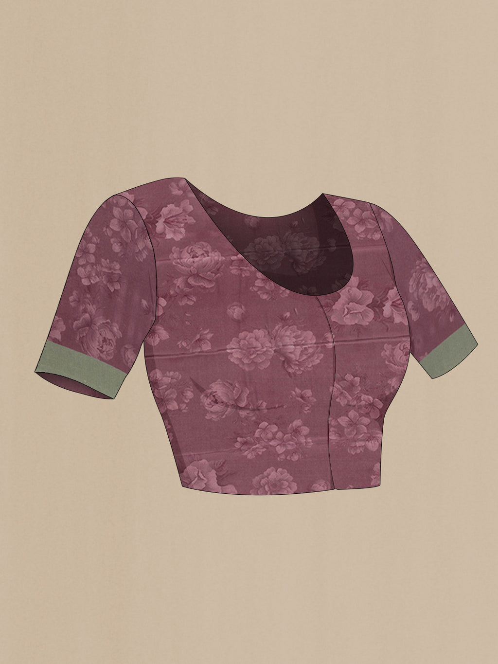 Close up image of the blouse of Mauve Mysore Chiffon Saree with Floral Print on the body and Plain Border. 