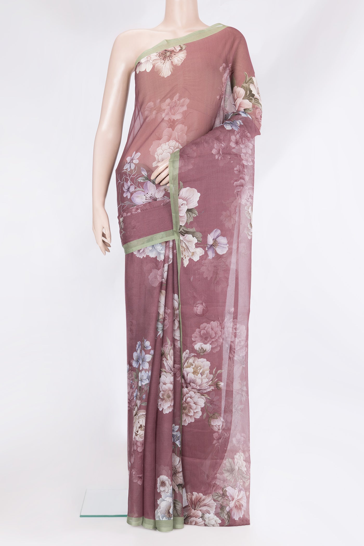 Mauve Mysore Chiffon Saree with Floral Print on the body and Plain Border.  displayed on a mannequin