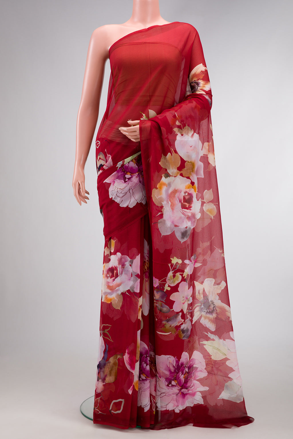 Maroon Dual Tone Mysore Chiffon Saree with Printed design on the body and Without Border.  displayed on a mannequin