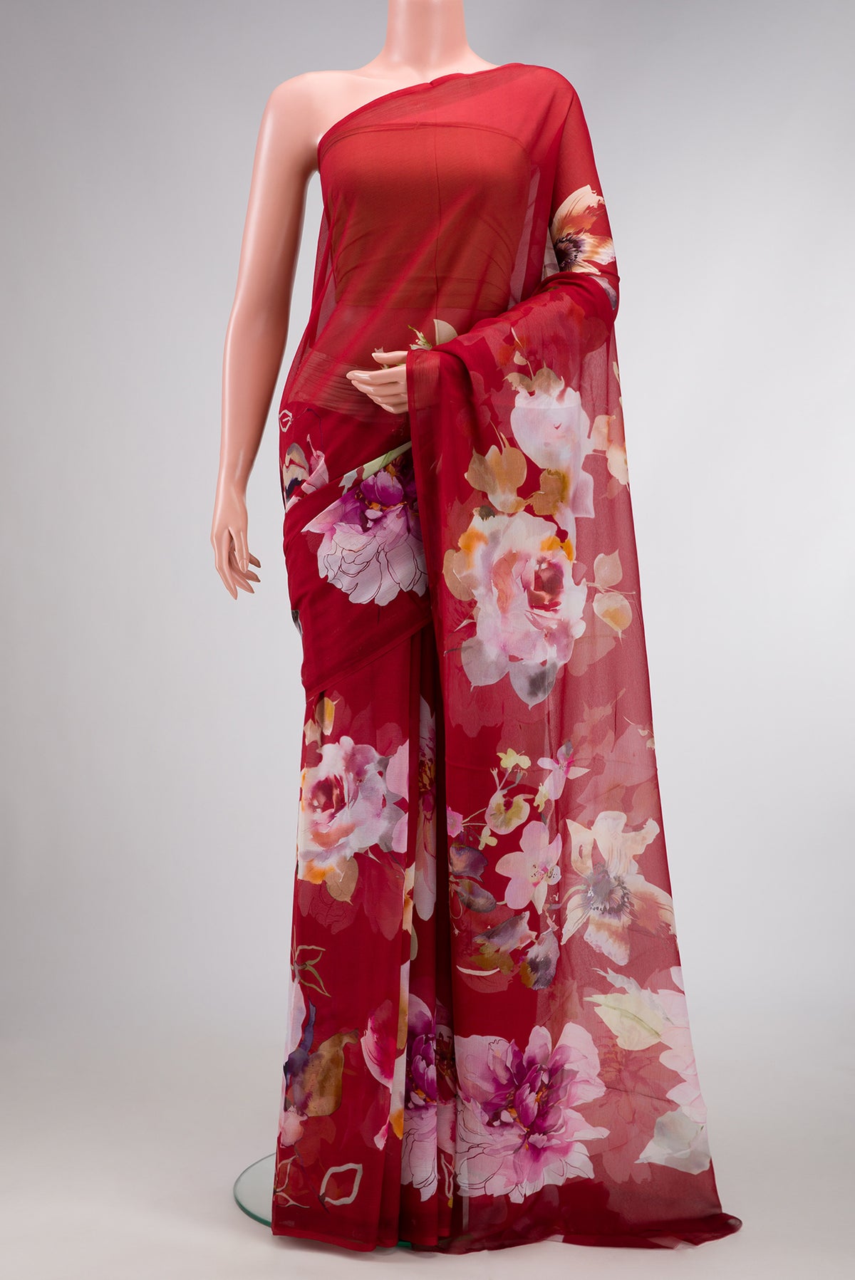 Maroon Dual Tone Mysore Chiffon Saree with Printed design on the body and Without Border.  displayed on a mannequin