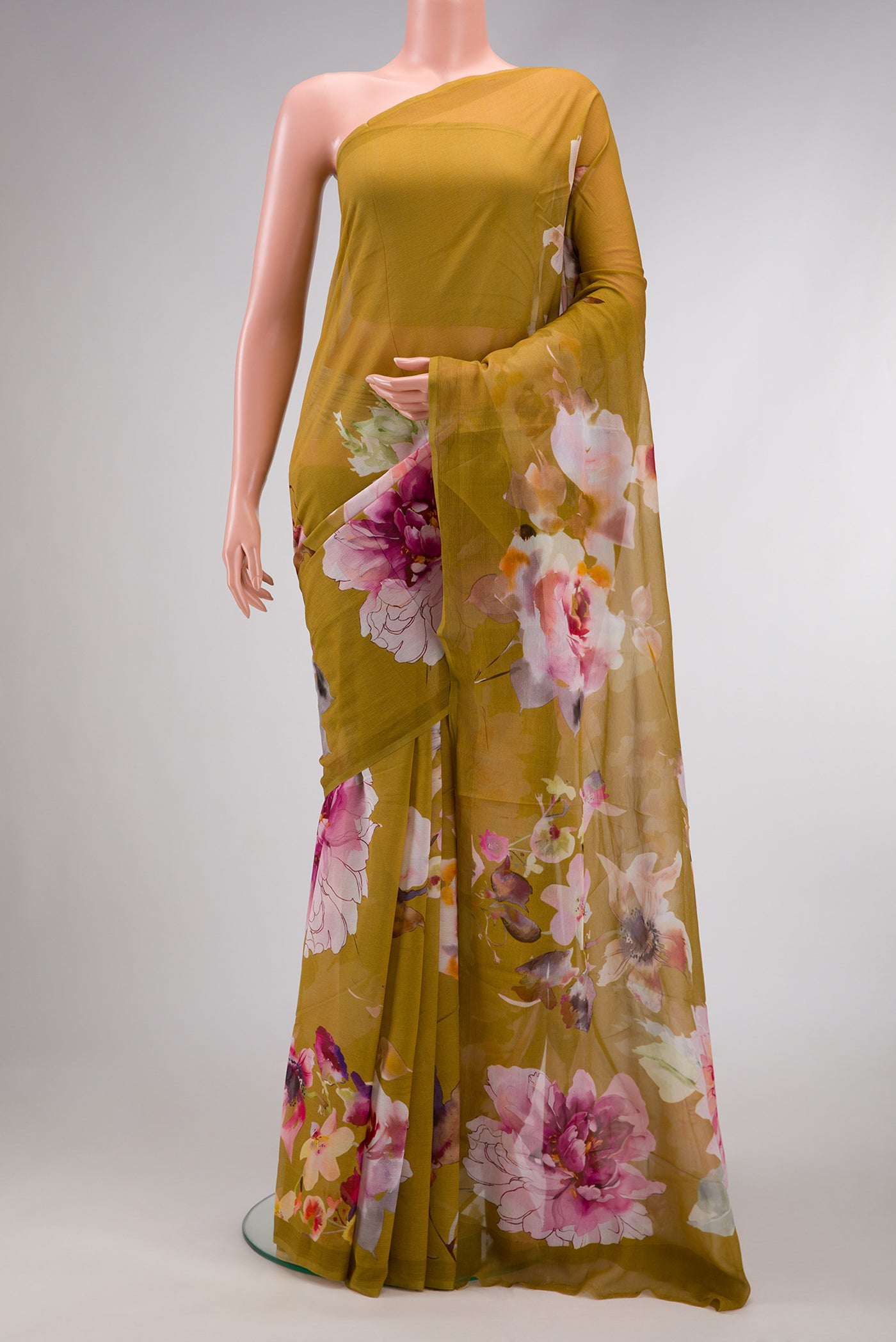 Mehandi Green Dual Tone Mysore Chiffon Saree with Printed design on the body and Without Border.  displayed on a mannequin