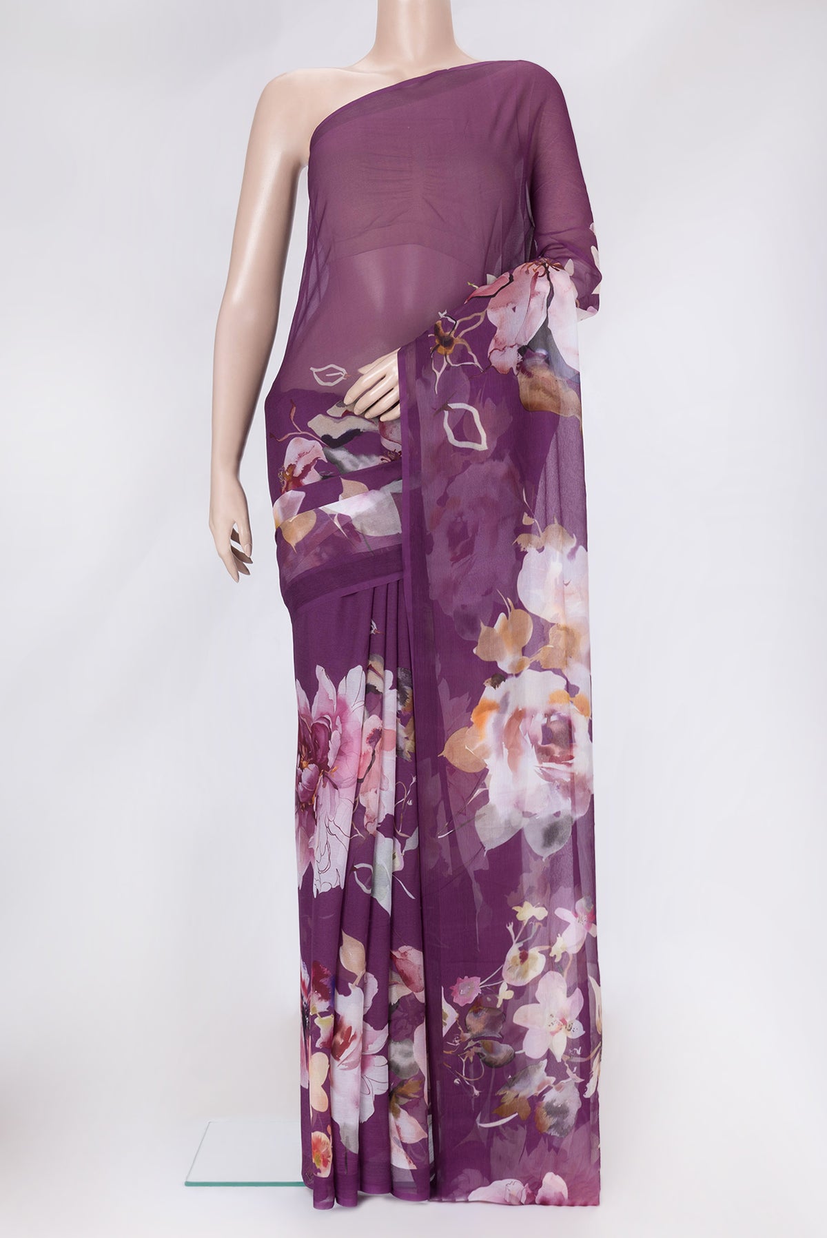 Purple Dual Tone Mysore Chiffon Saree with Printed design on the body and Without Border.  displayed on a mannequin