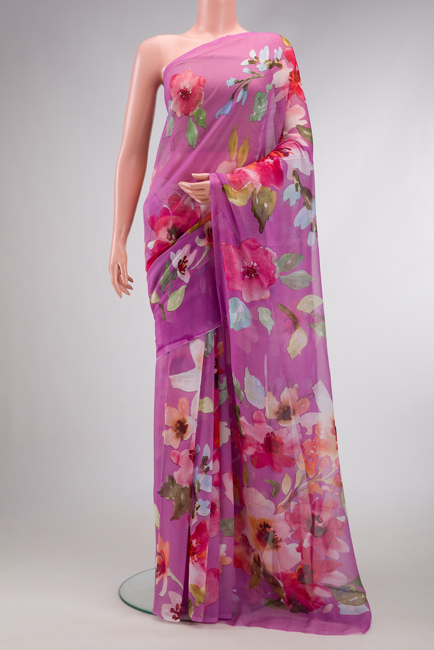 Lavender Dual Tone Mysore Chiffon Saree with Printed design on the body and Without Border.  displayed on a mannequin