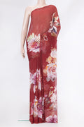 Maroon Dual Tone Mysore Chiffon Saree with Printed design on the body and Without Border.  displayed on a mannequin