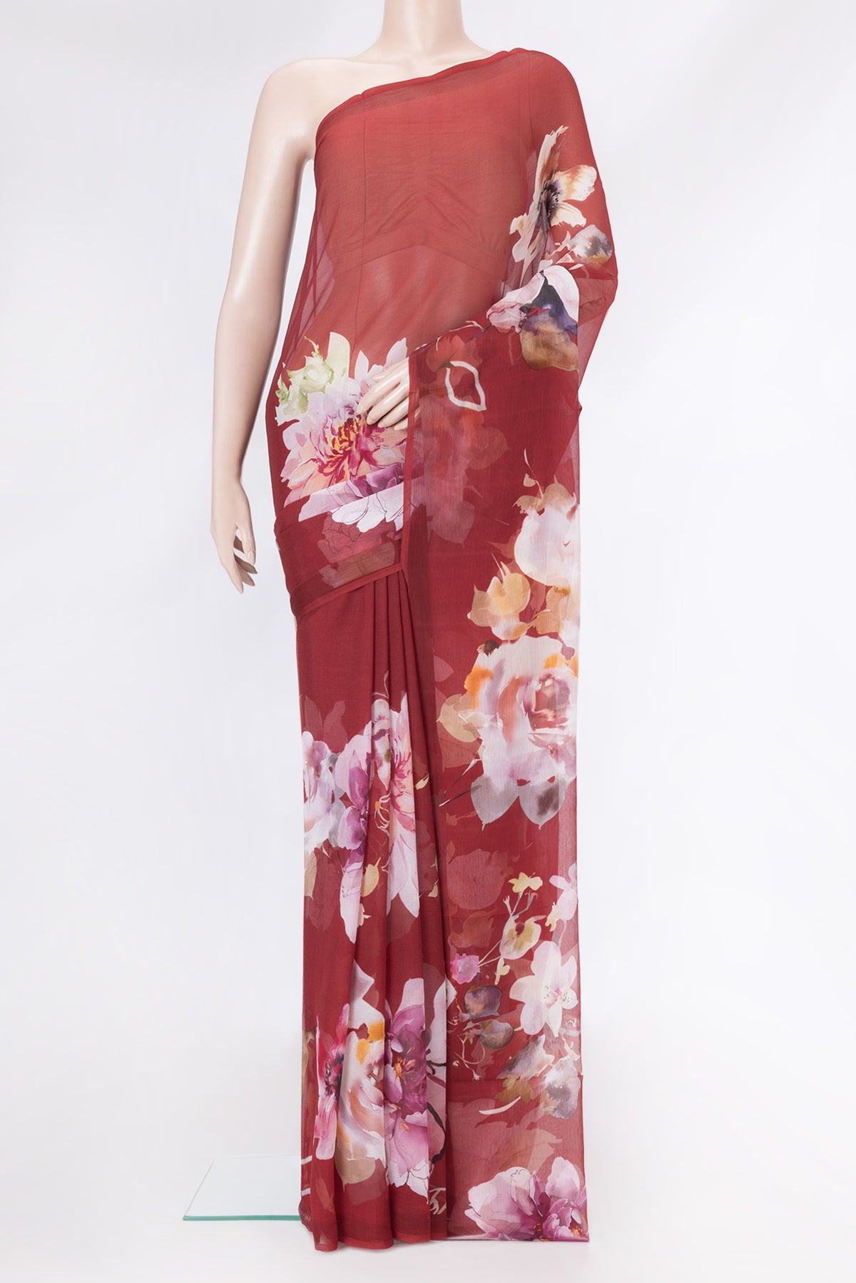 Maroon Dual Tone Mysore Chiffon Saree with Printed design on the body and Without Border.  displayed on a mannequin