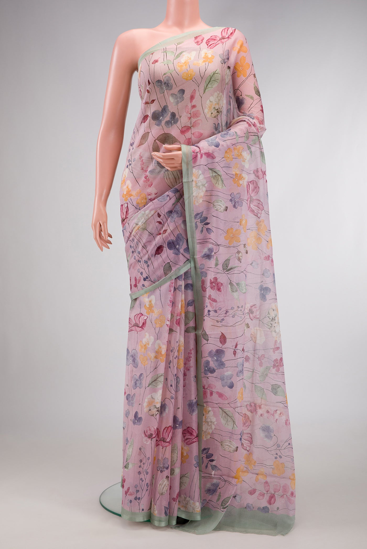 Pink Dual Tone Mysore Chiffon Saree with Printed design on the body and Plain Border.  displayed on a mannequin