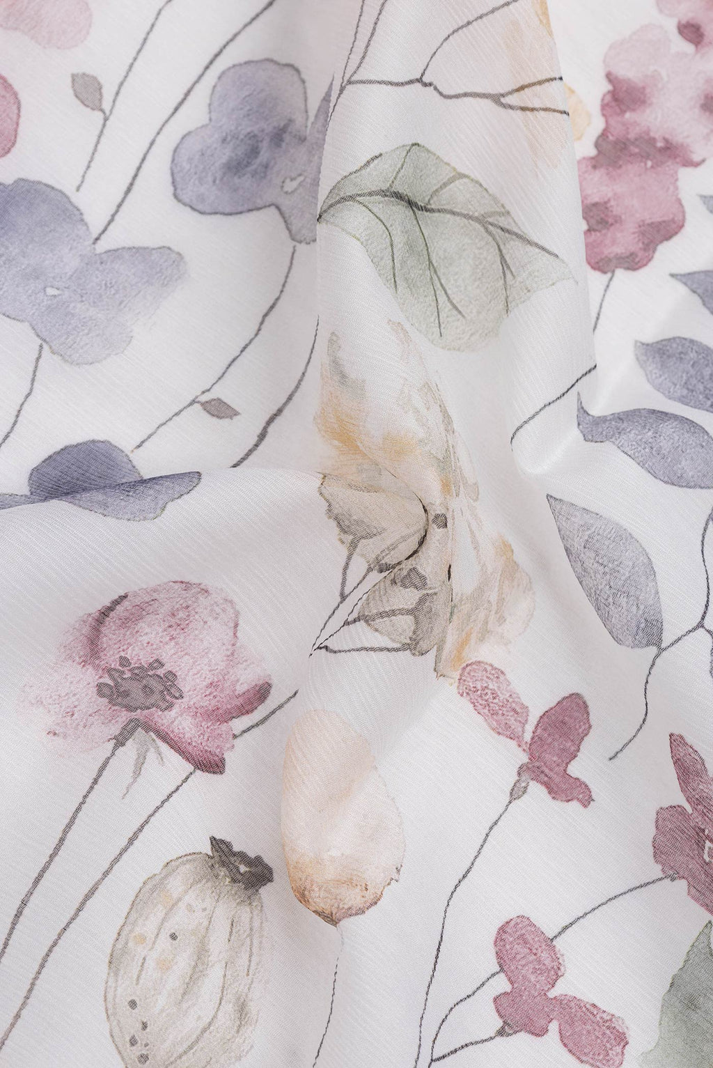 Close up of Off White Dual Tone Mysore Chiffon Saree with Printed design on the body and Plain Border.  displaying folds
