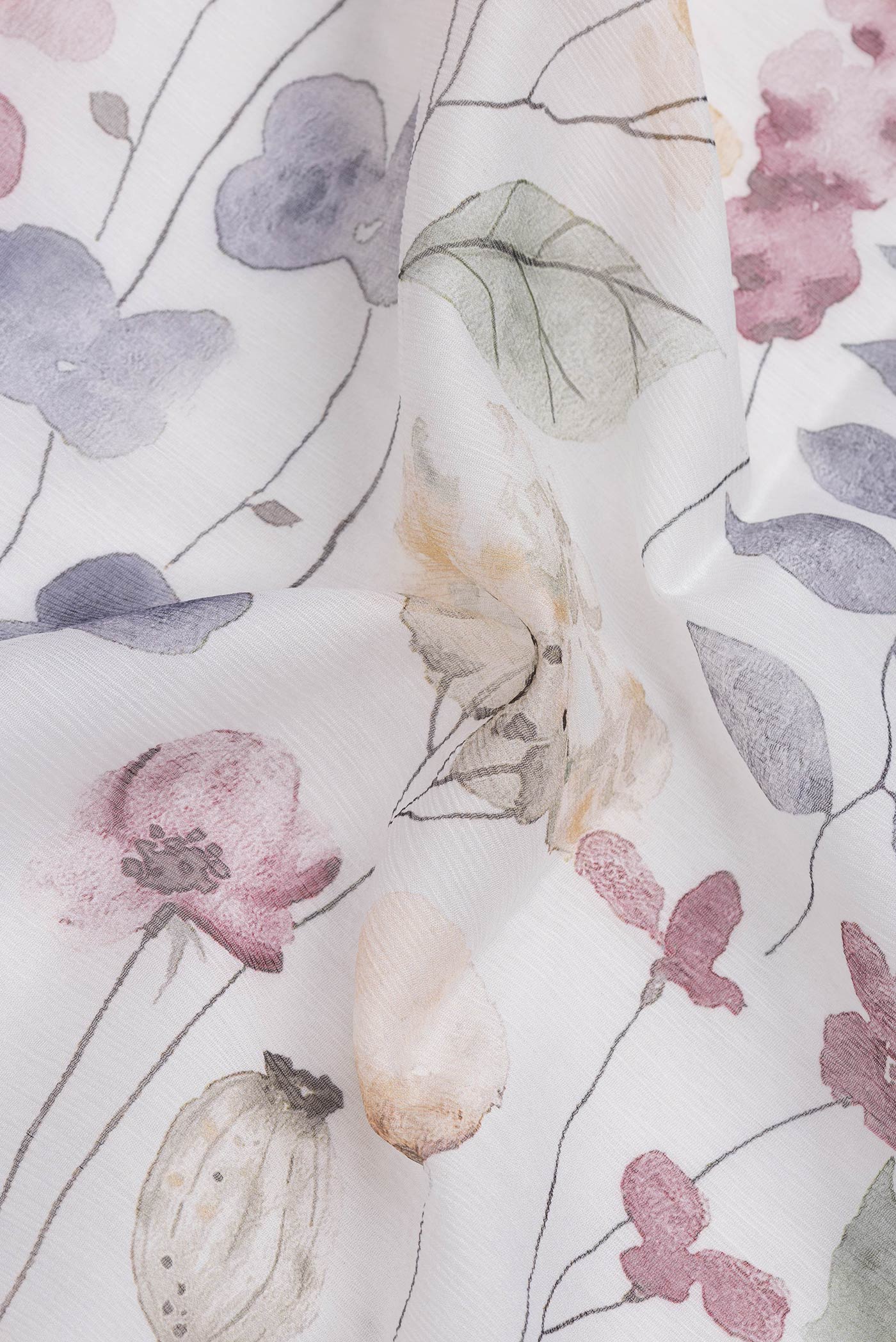 Close up of Off White Dual Tone Mysore Chiffon Saree with Printed design on the body and Plain Border.  displaying folds
