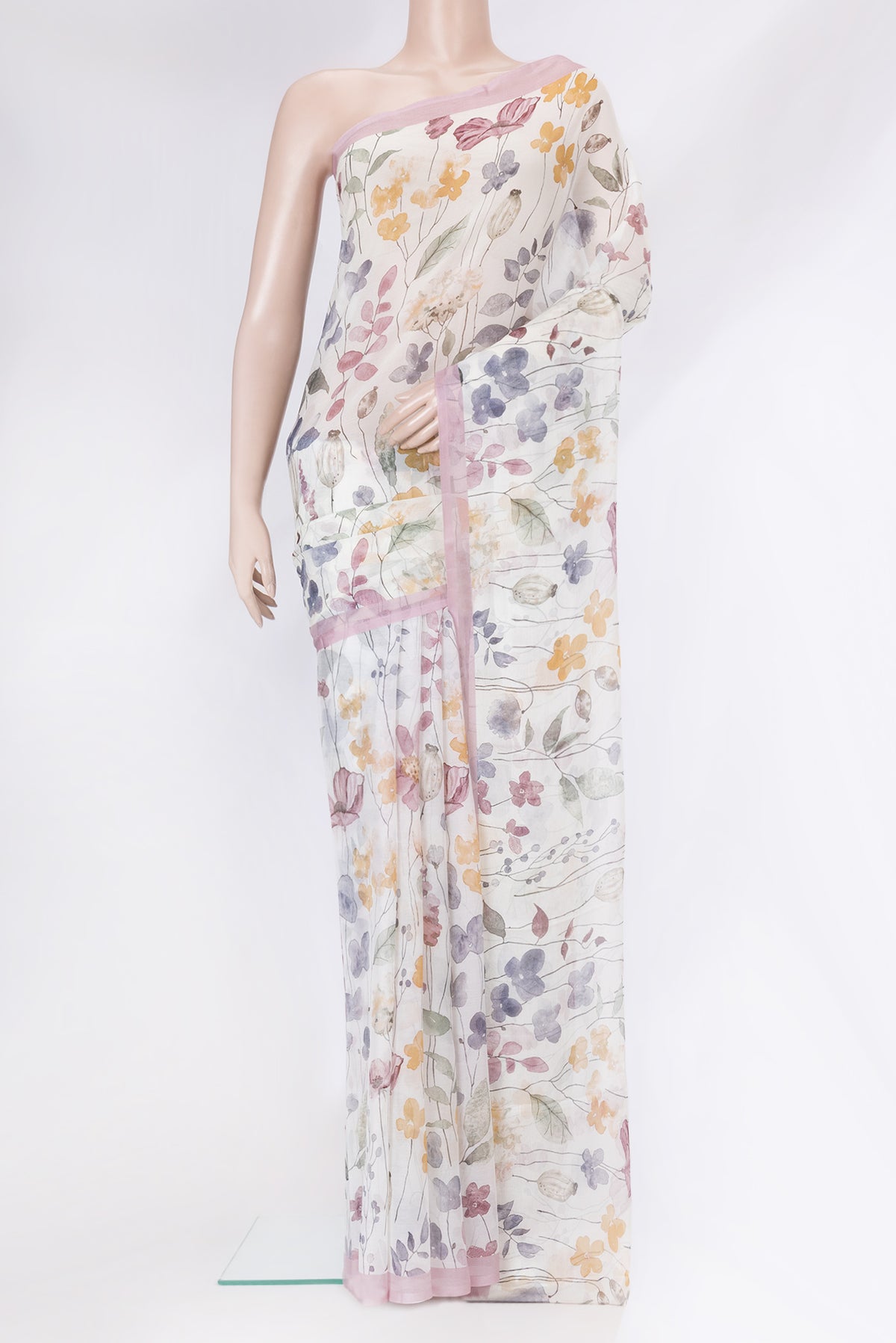 Off White Dual Tone Mysore Chiffon Saree with Printed design on the body and Plain Border.  displayed on a mannequin
