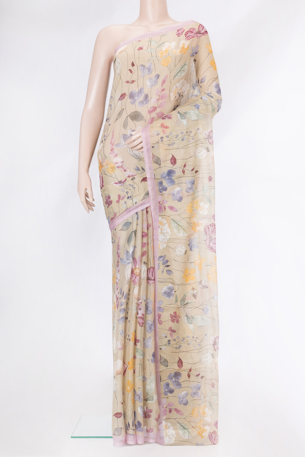 Beige Dual Tone Mysore Chiffon Saree with Printed design on the body and Plain Border.  displayed on a mannequin