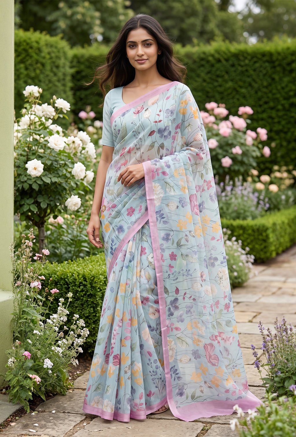 Model wearing a Grey Mysore Chiffon Saree with Floral Print on the body and Plain Border.