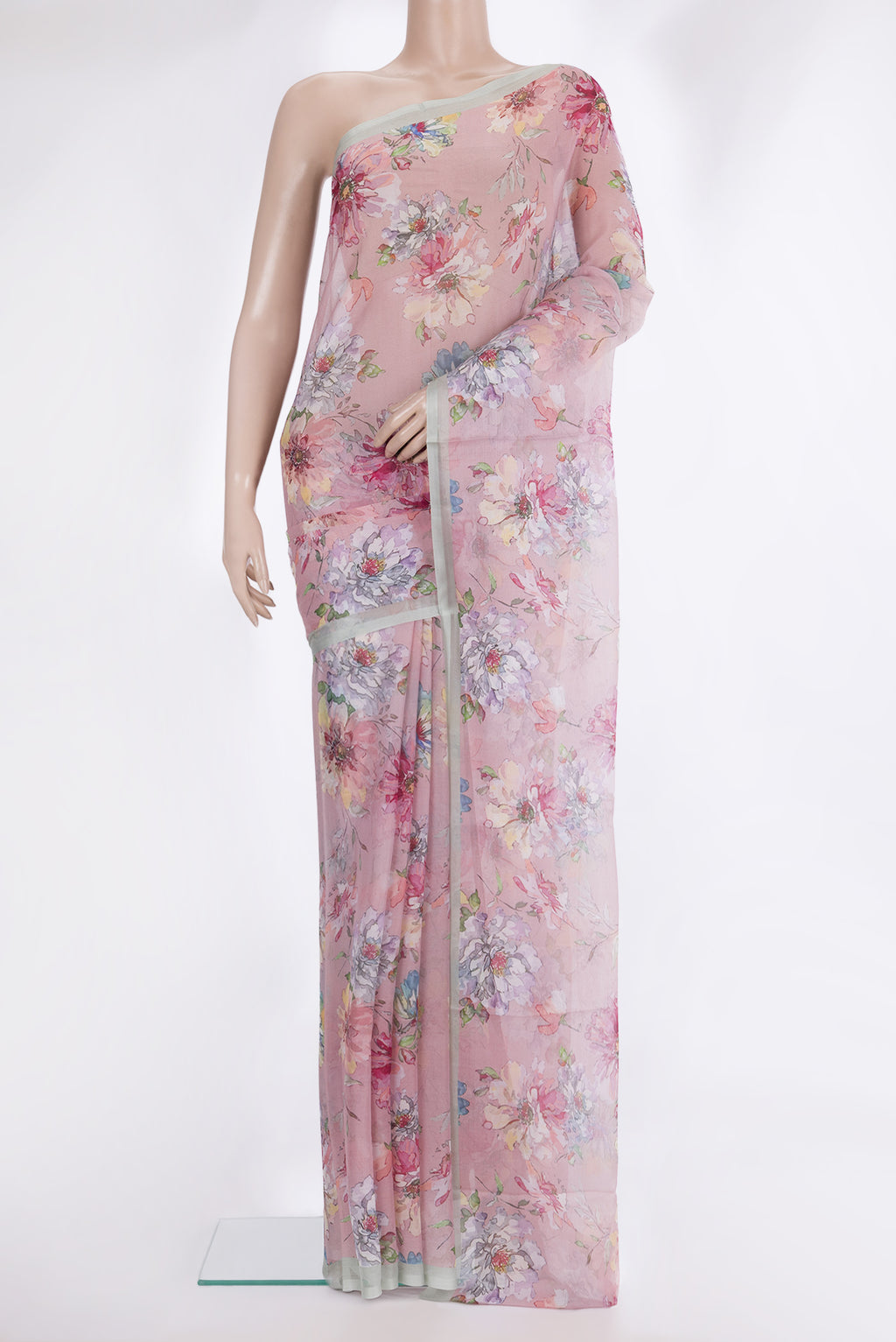 Rose Gold Mysore Chiffon Saree with Floral Print on the body and Plain Border.  displayed on a mannequin