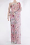 Rose Gold Mysore Chiffon Saree with Floral Print on the body and Plain Border.  displayed on a mannequin