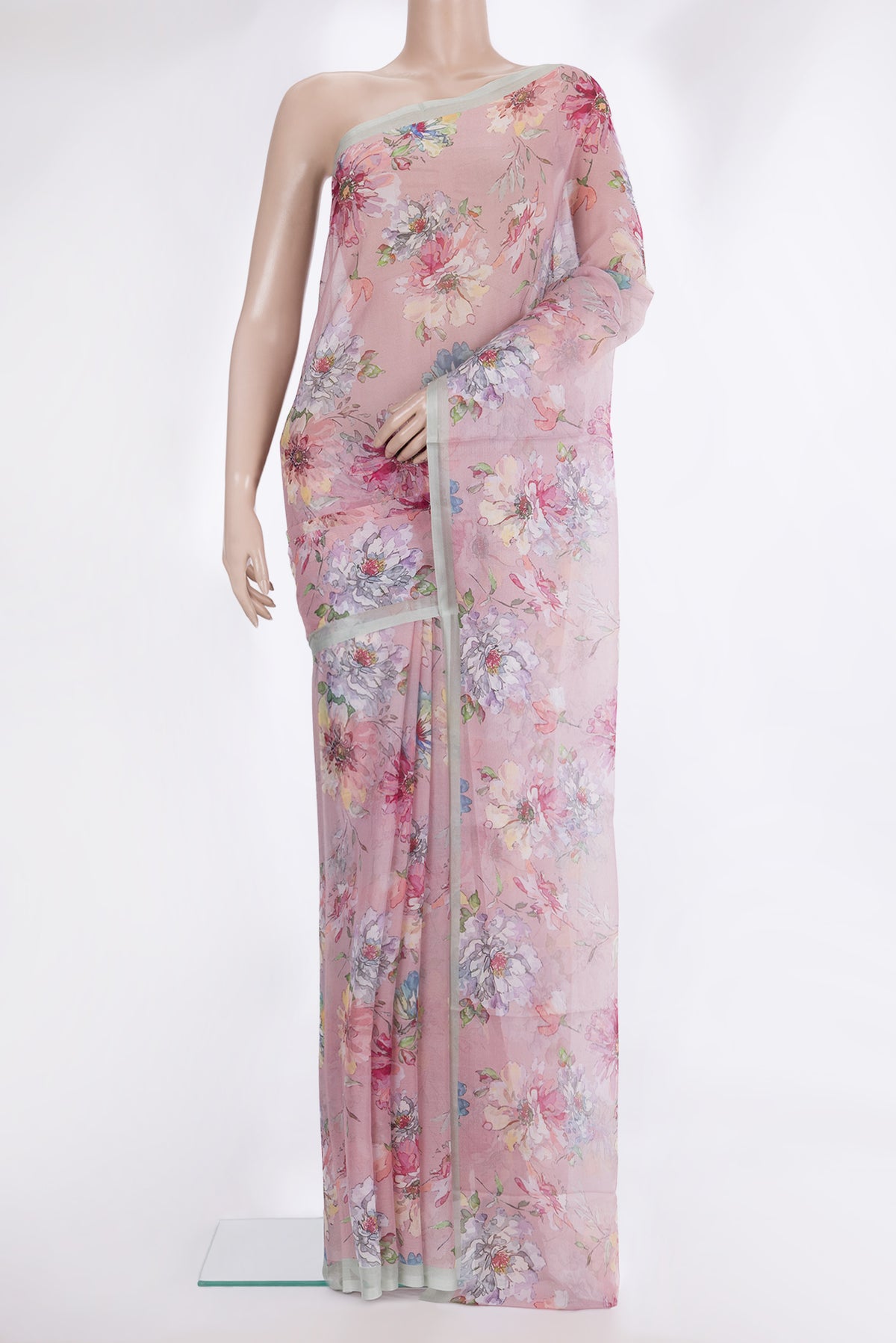 Rose Gold Mysore Chiffon Saree with Floral Print on the body and Plain Border.  displayed on a mannequin