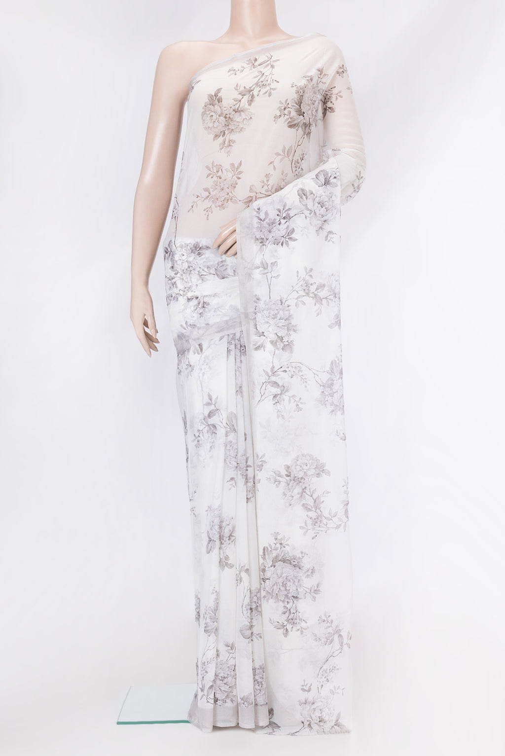 Off White Dual Tone Mysore Chiffon Saree with Printed design on the body and Plain Border.  displayed on a mannequin