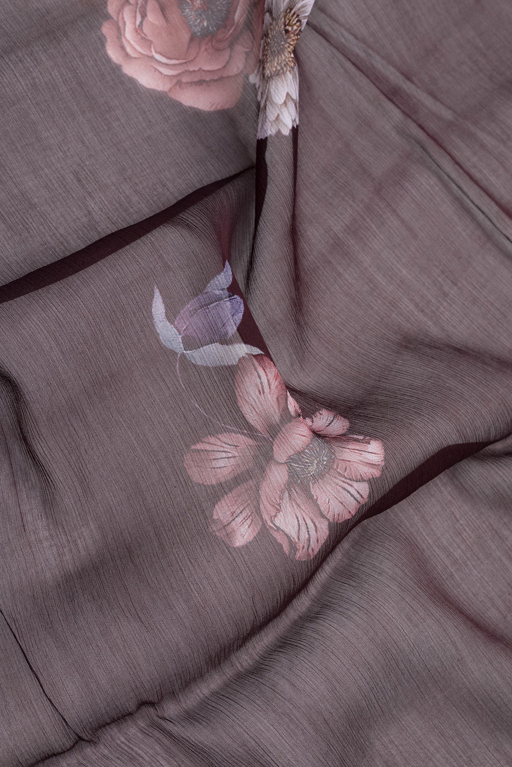 Close up of Brown Mysore Chiffon Saree with Printed design on the body and Without Border.  displaying folds