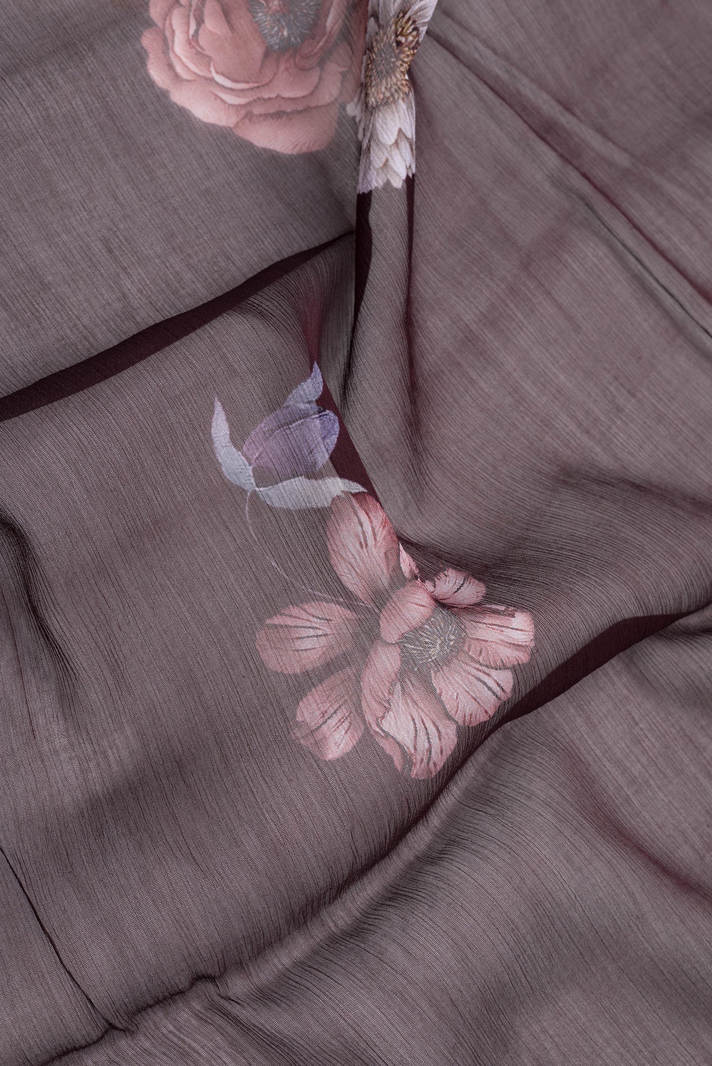 Close up of Brown Mysore Chiffon Saree with Printed design on the body and Without Border.  displaying folds