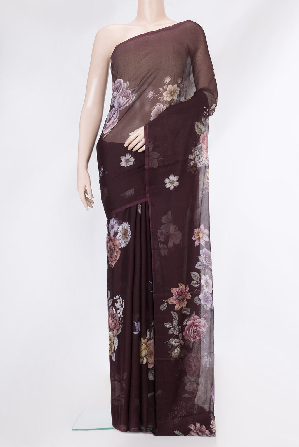 Brown Mysore Chiffon Saree with Printed design on the body and Without Border.  displayed on a mannequin