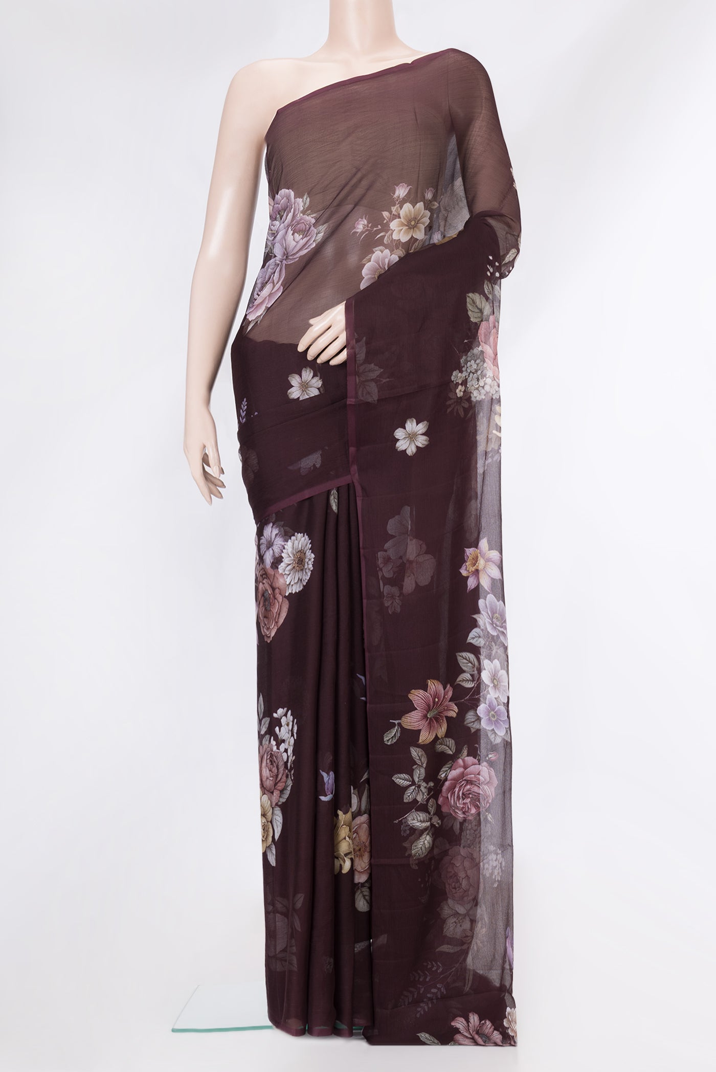 Brown Mysore Chiffon Saree with Printed design on the body and Without Border.  displayed on a mannequin