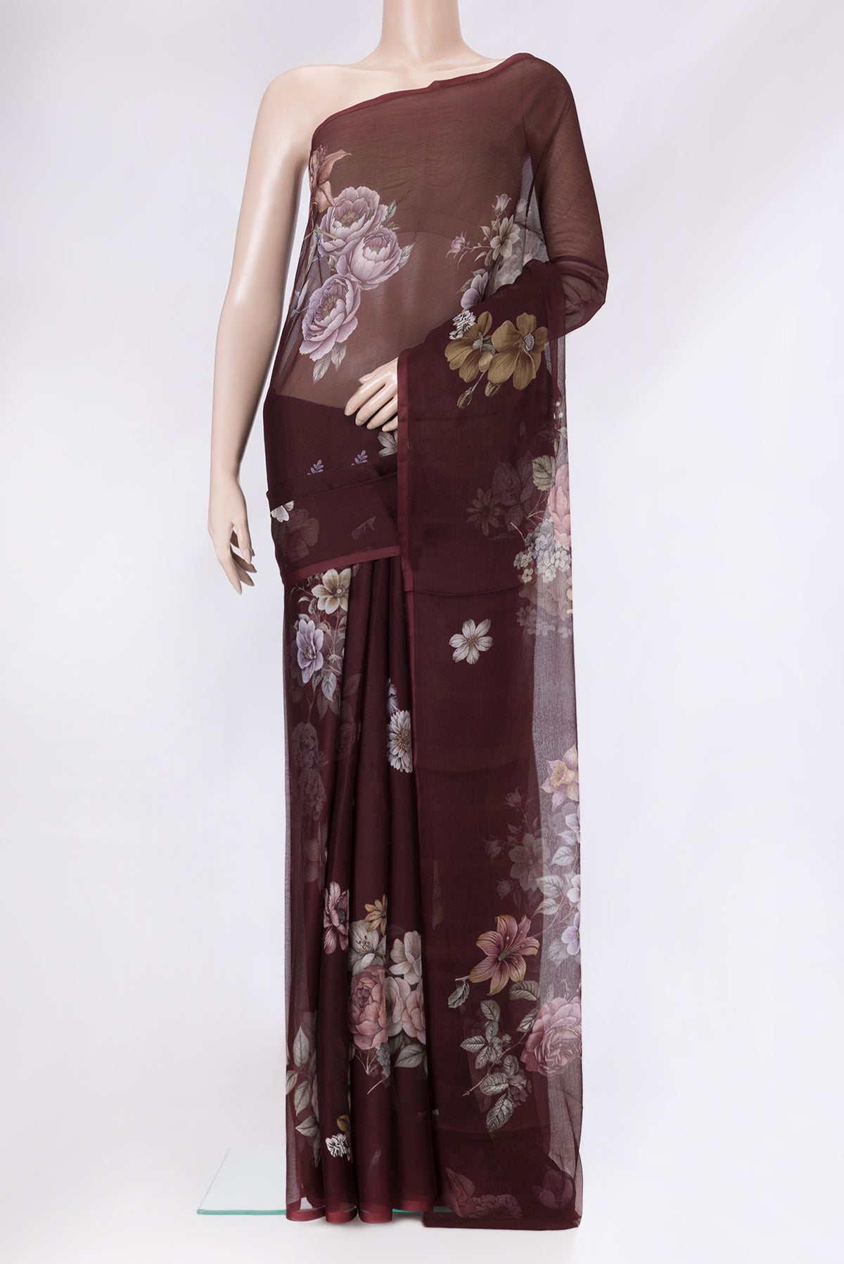 Brown Dual Tone Mysore Chiffon Saree with Printed design on the body and Without Border.  displayed on a mannequin
