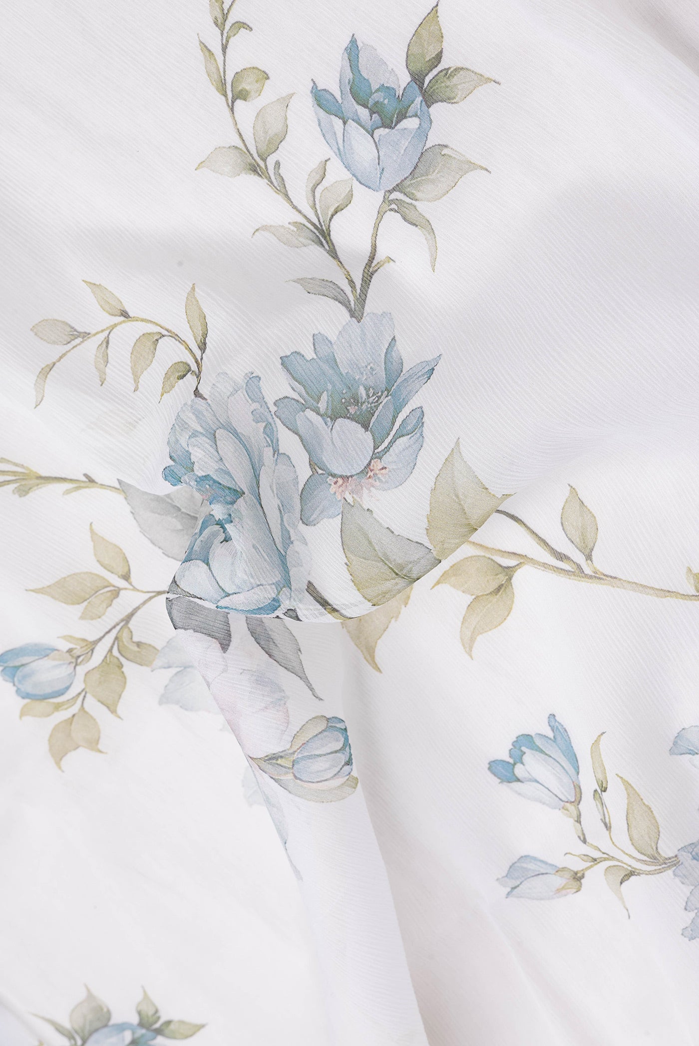 Close up of Off White Dual Tone Mysore Chiffon Saree with Printed design on the body and Plain Border.  displaying folds