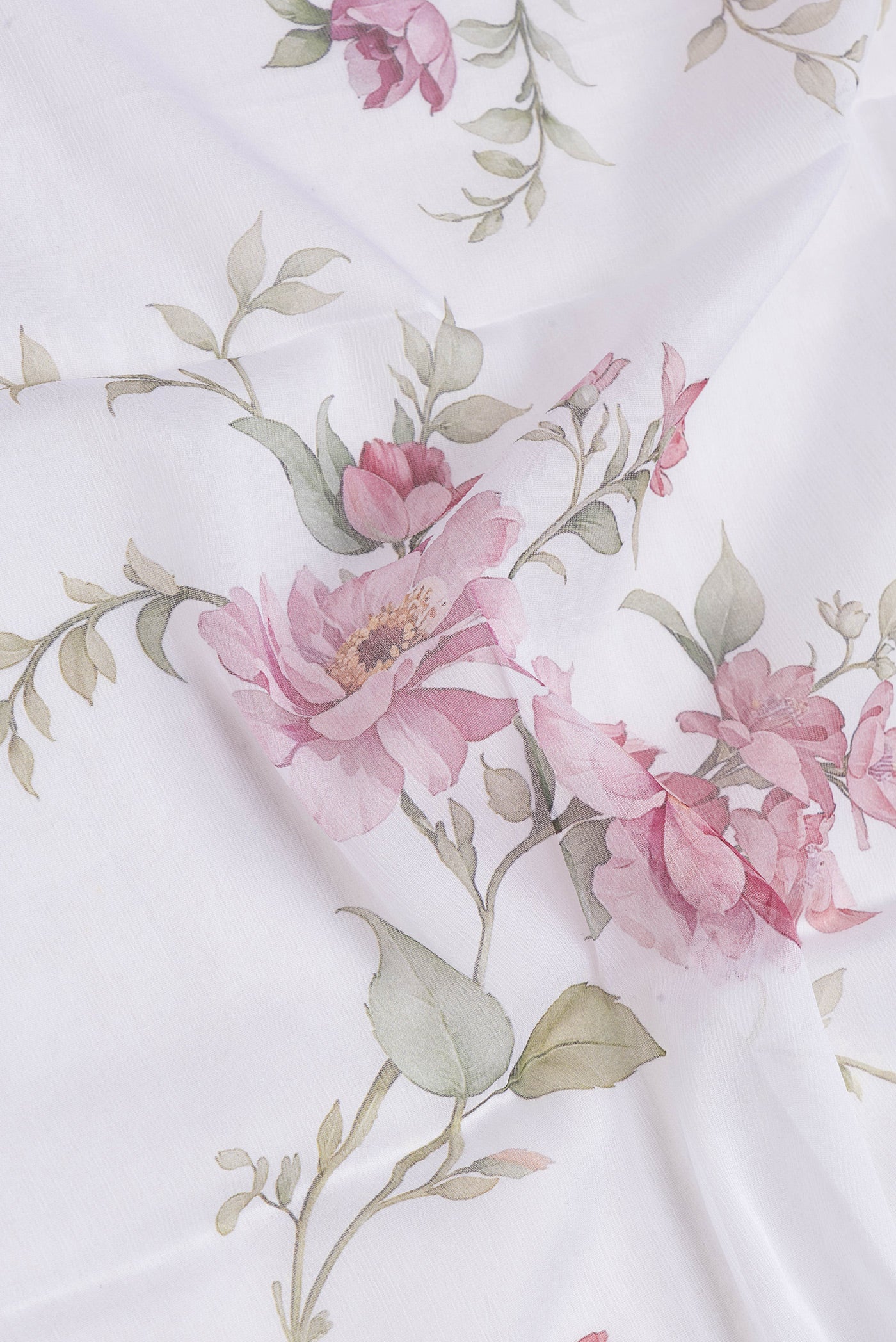 Close up of Off White Mysore Chiffon Saree with Printed design on the body and Plain Border.  displaying folds