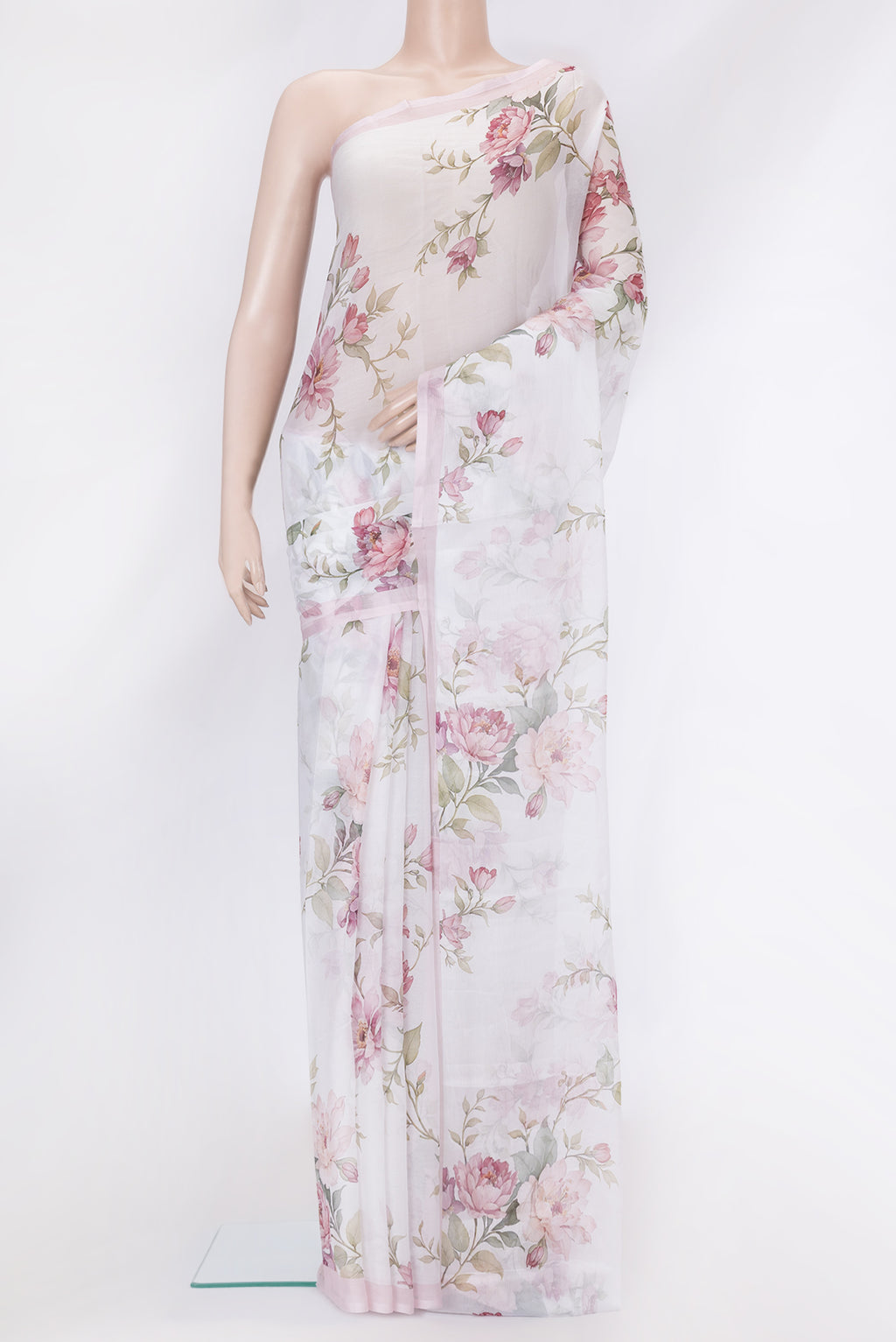 Off White Mysore Chiffon Saree with Printed design on the body and Plain Border.  displayed on a mannequin