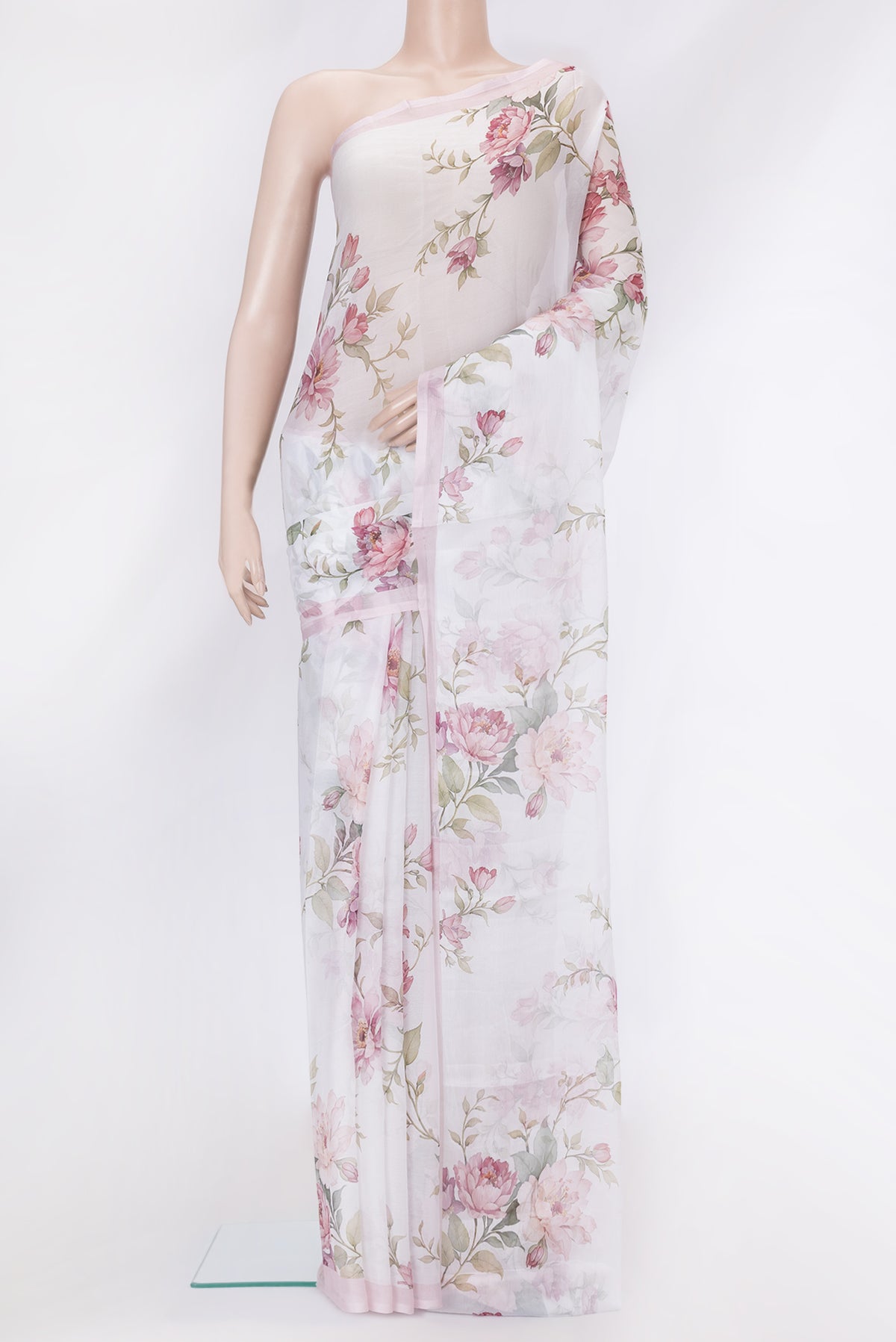 Off White Mysore Chiffon Saree with Printed design on the body and Plain Border.  displayed on a mannequin