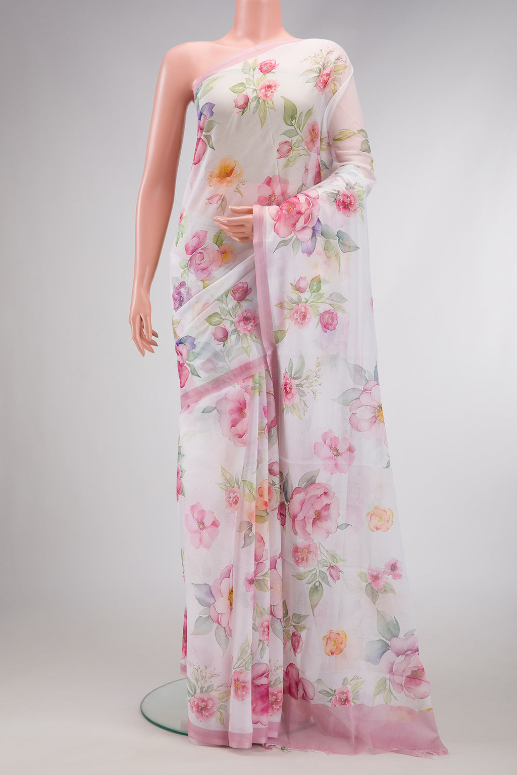 Off White Dual Tone Mysore Chiffon Saree with Printed design on the body and Plain Border.  displayed on a mannequin