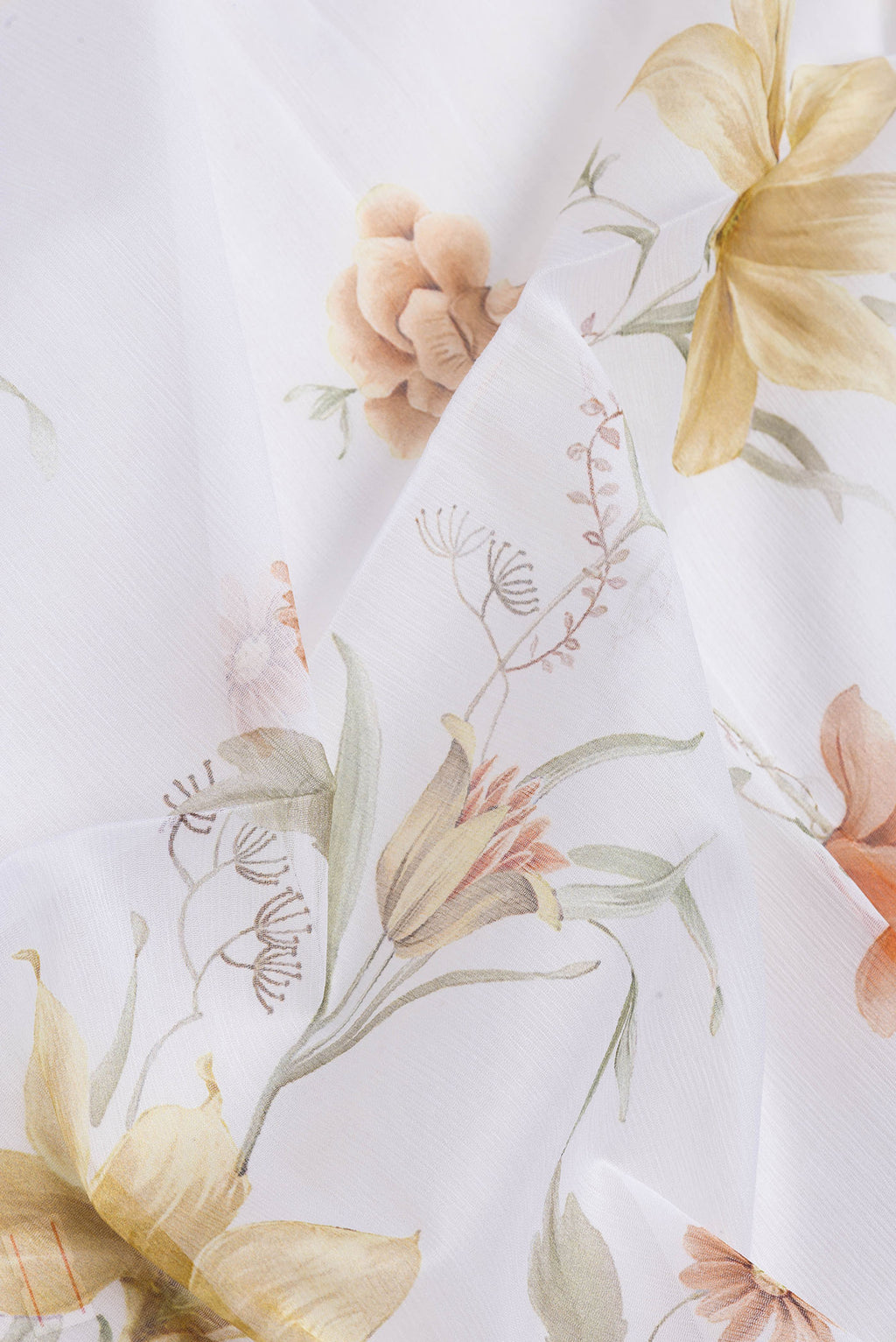 Close up of Off White Dual Tone Mysore Chiffon Saree with Printed design on the body and Plain Border.  displaying folds