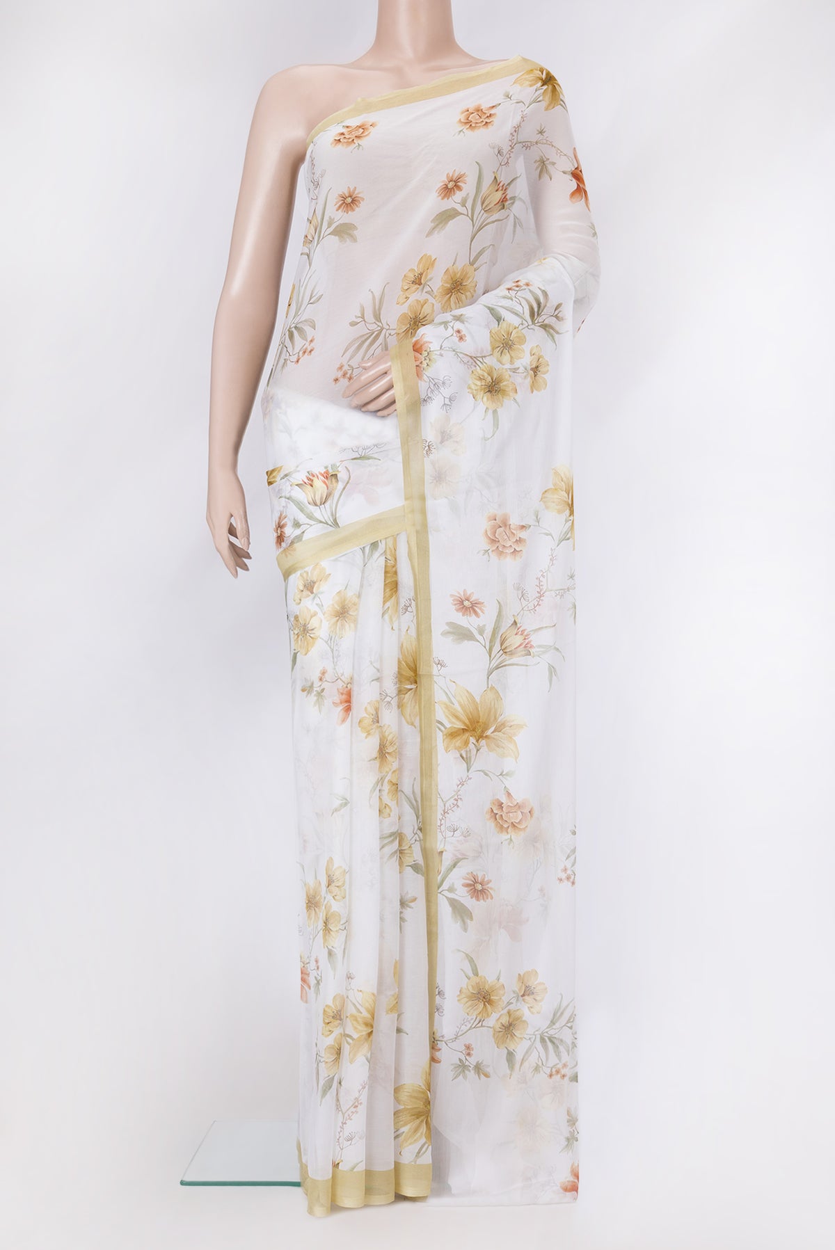 Off White Dual Tone Mysore Chiffon Saree with Printed design on the body and Plain Border.  displayed on a mannequin