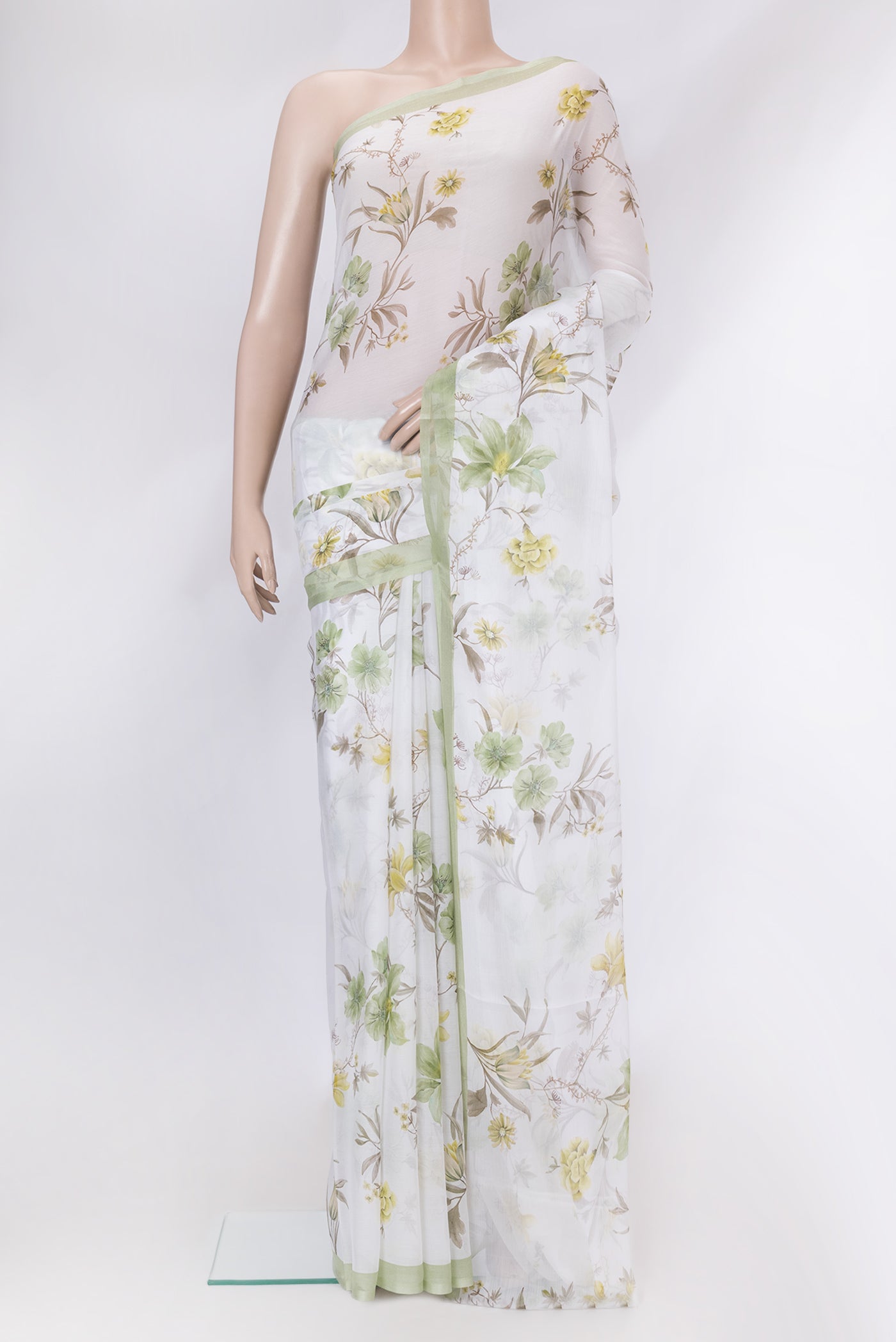 Off White Dual Tone Mysore Chiffon Saree with Printed design on the body and Plain Border.  displayed on a mannequin