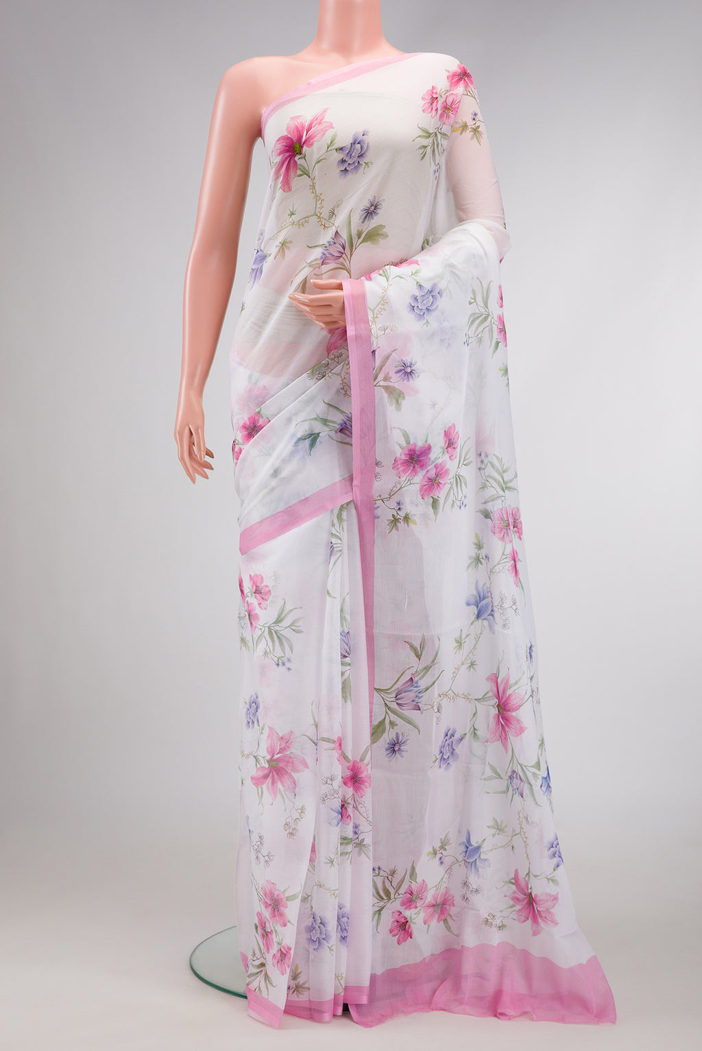 Off White Dual Tone Mysore Chiffon Saree with Printed design on the body and Plain Border.  displayed on a mannequin
