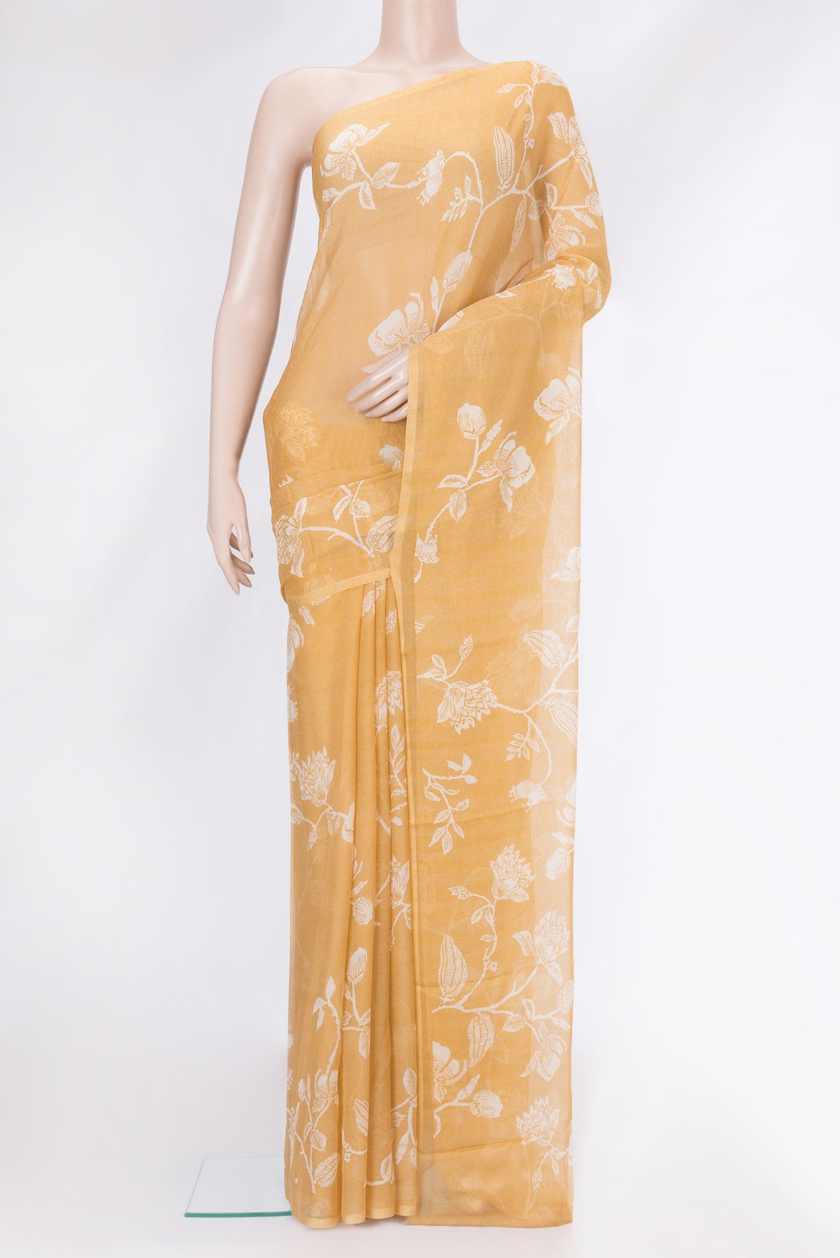 Sandal Mysore Chiffon Saree with Printed design on the body and Without Border.  displayed on a mannequin