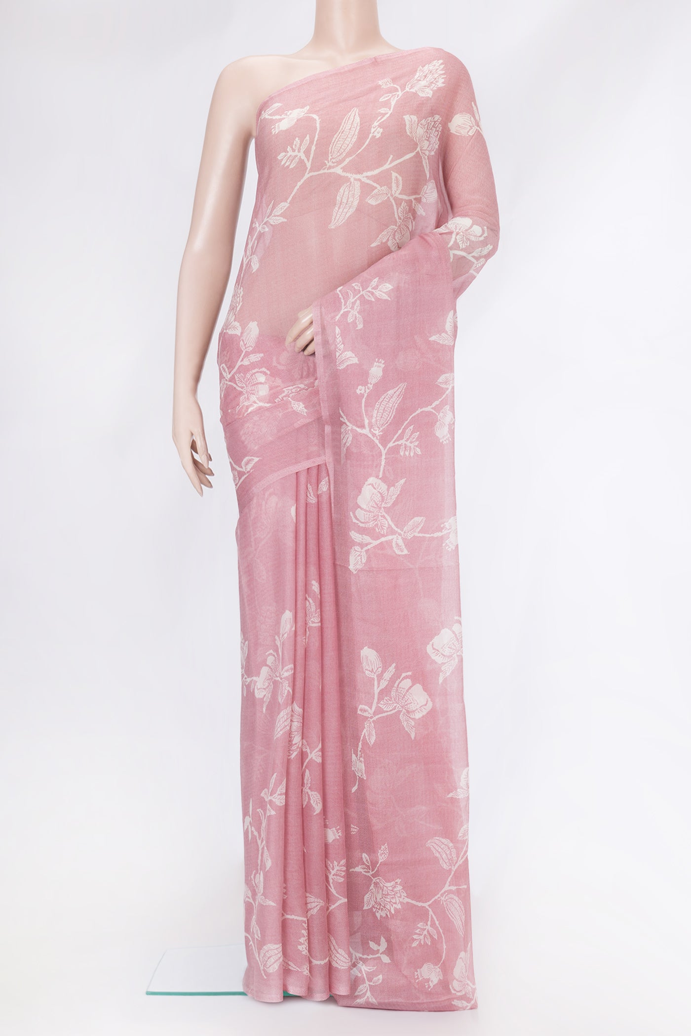 Pink Dual Tone Mysore Chiffon Saree with Printed design on the body and Without Border.  displayed on a mannequin