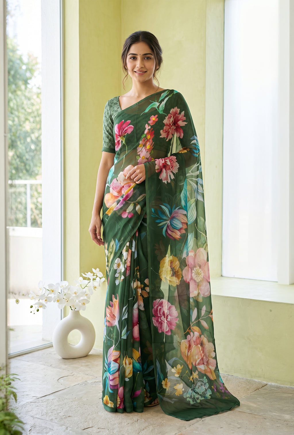 Model wearing a Green Mysore Chiffon Saree with Floral Print on the body and Without Border.